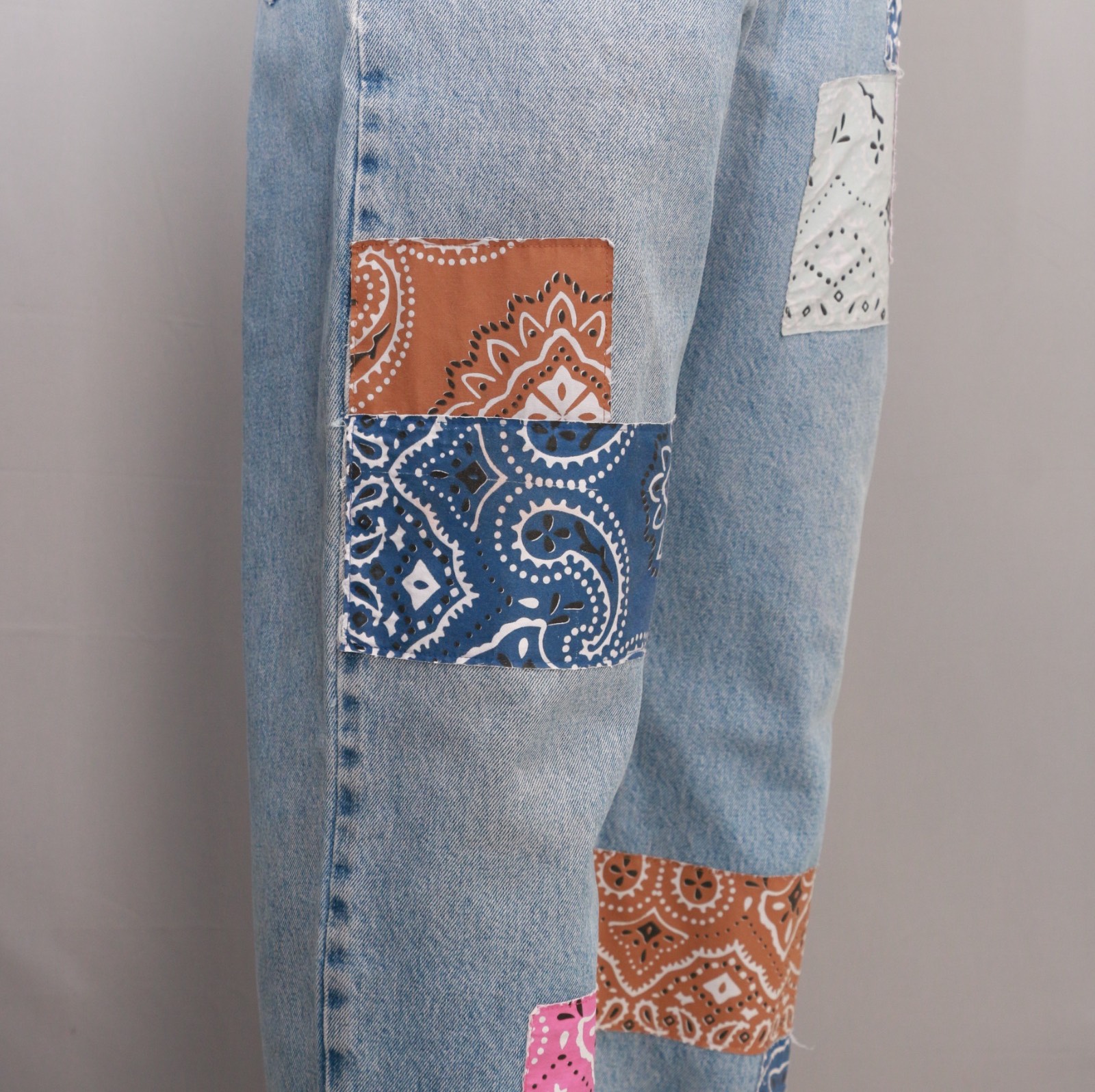 CR083 Reworked Men's Jeans with Bandana Patch Made using Original Levi's - Lee - Wrangler Denim