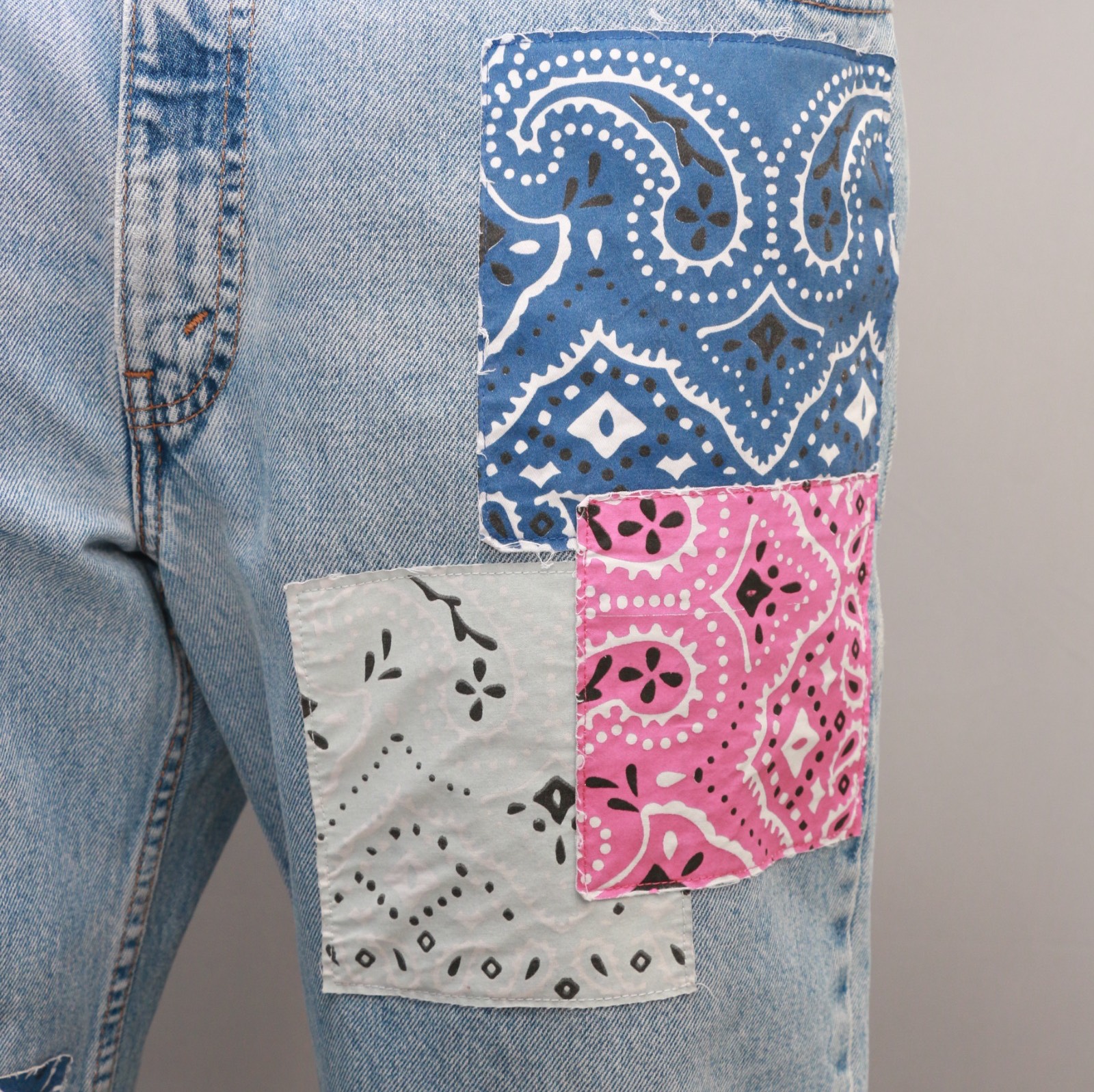 CR083 Reworked Men's Jeans with Bandana Patch Made using Original Levi's - Lee - Wrangler Denim