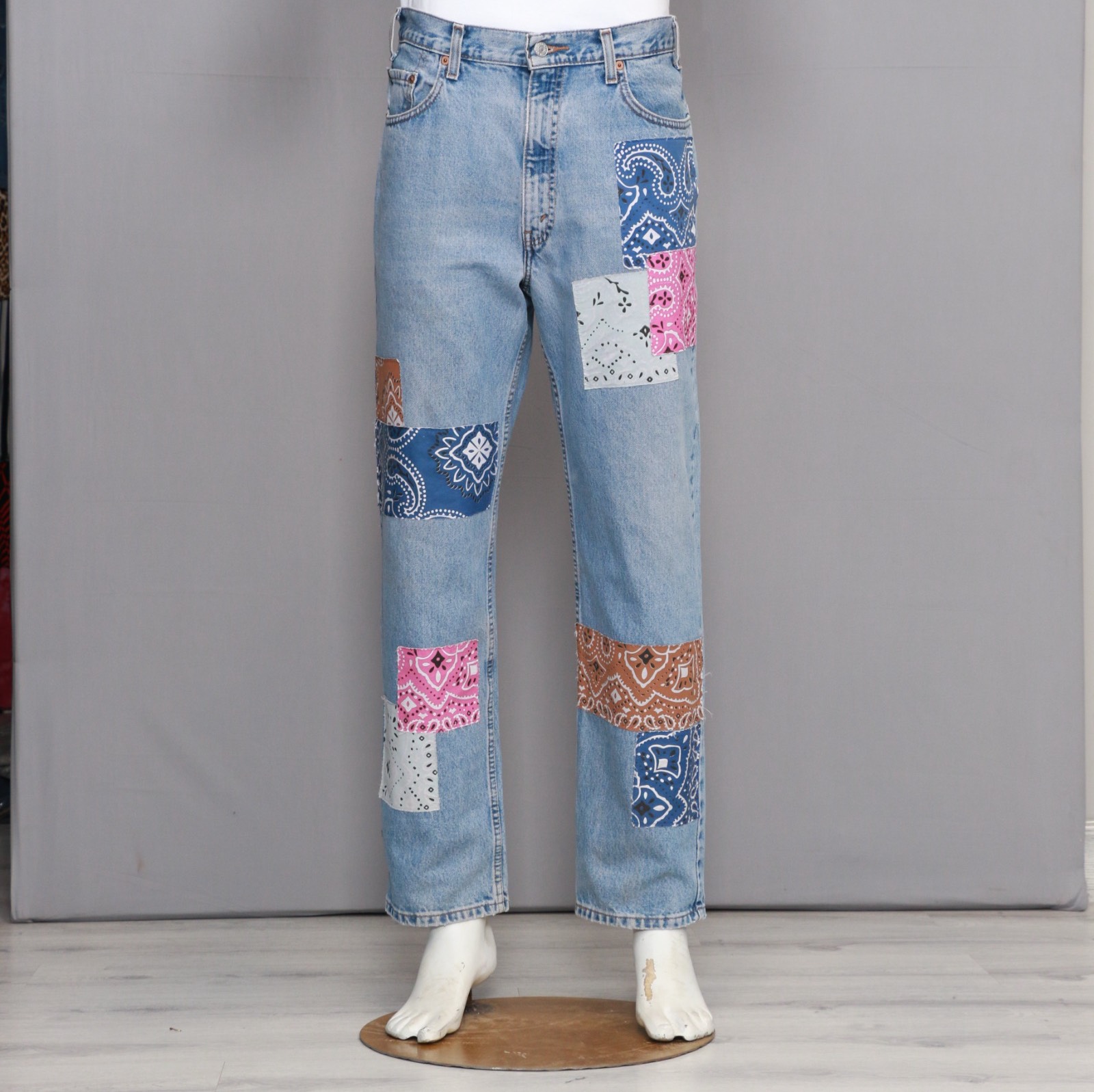 CR083 Reworked Men's Jeans with Bandana Patch Made using Original Levi's - Lee - Wrangler Denim