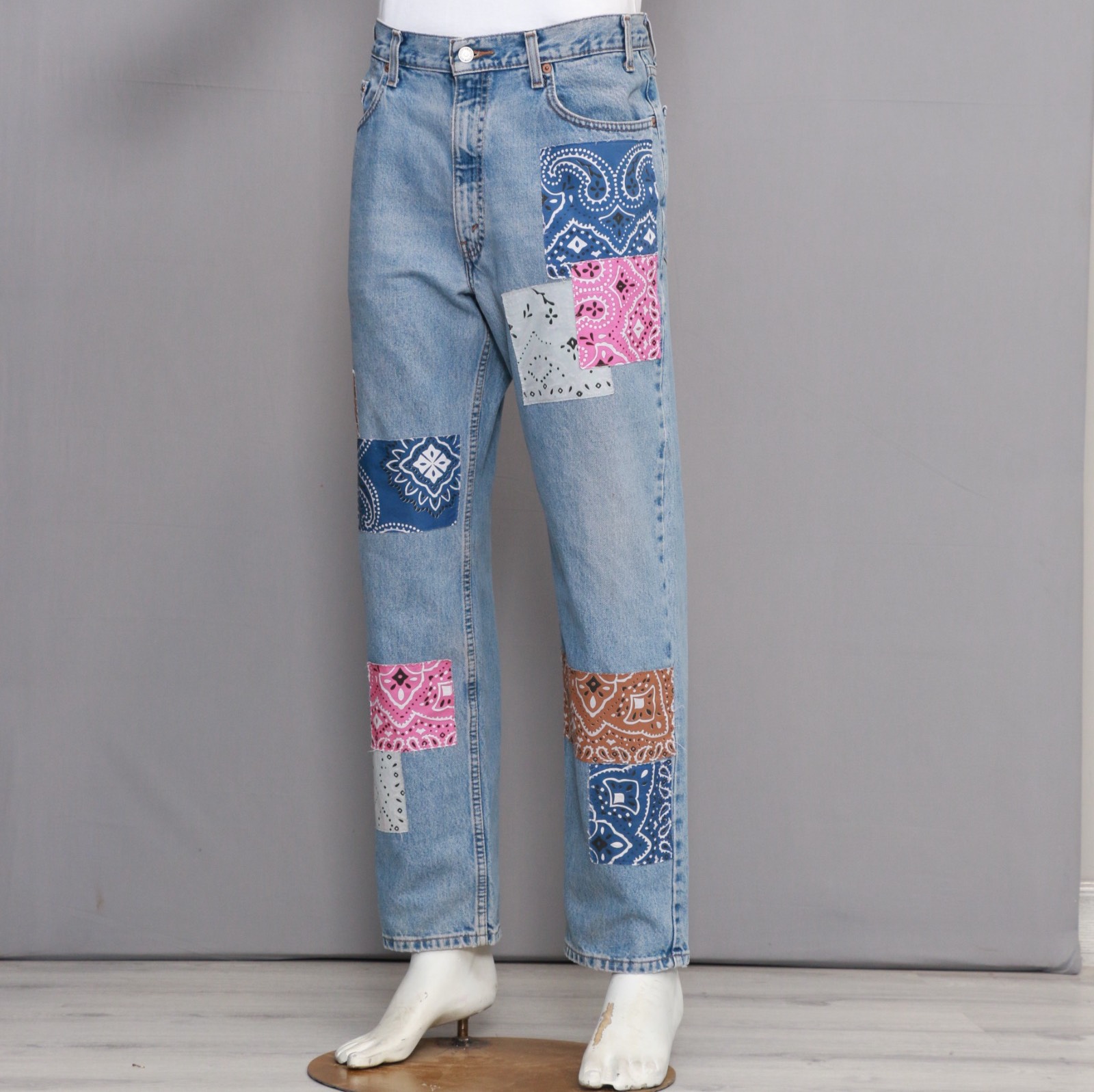 CR083 Reworked Men's Jeans with Bandana Patch Made using Original Levi's - Lee - Wrangler Denim