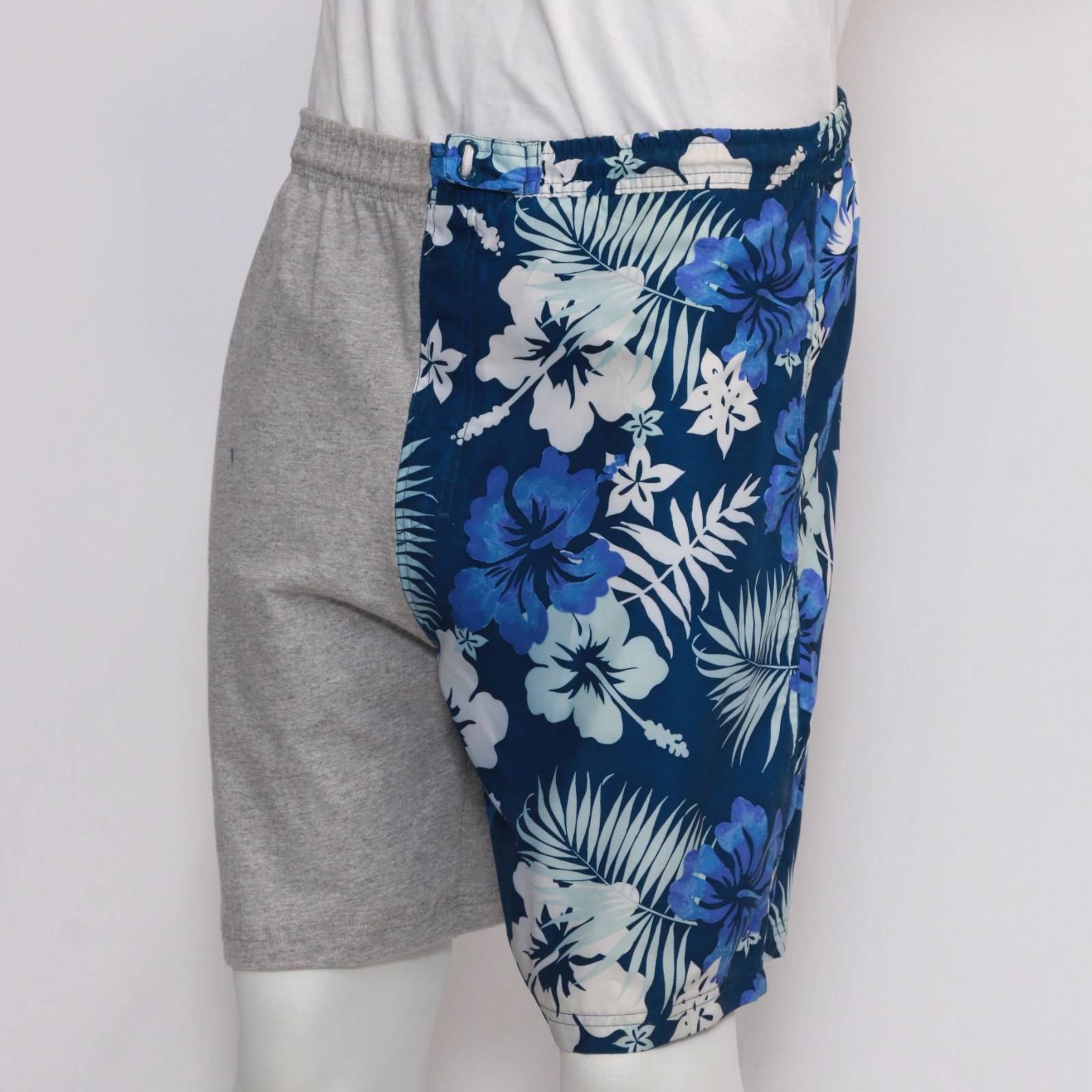 TK1116 Reworked Unisex Half and Half Shorts Made Using Unbranded Hawaii Shirt and Jersey Fabric