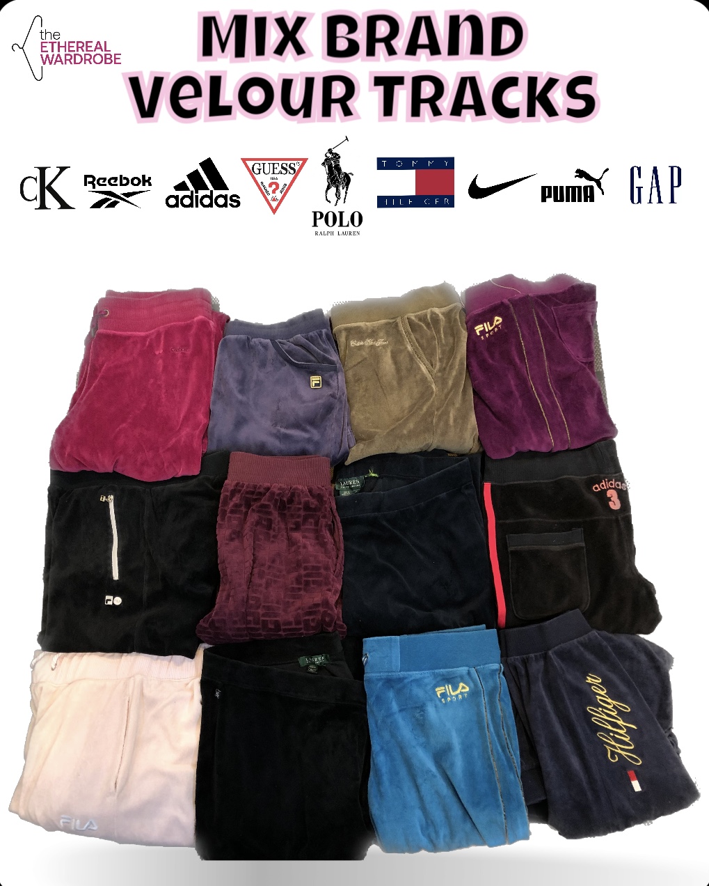 Mélange de marques velours de sports Tracks, y compris Polo Ralph Lauren, Adidas, Nike et d'autres grandes marques.
