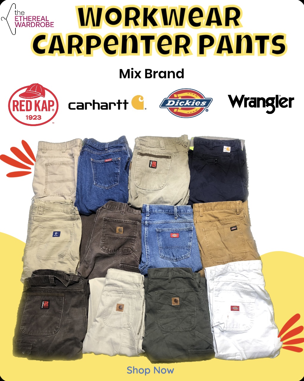 Pantalons de travail de marque incluant Carhartt, Dickies, Wrangler et d'autres grandes marques.