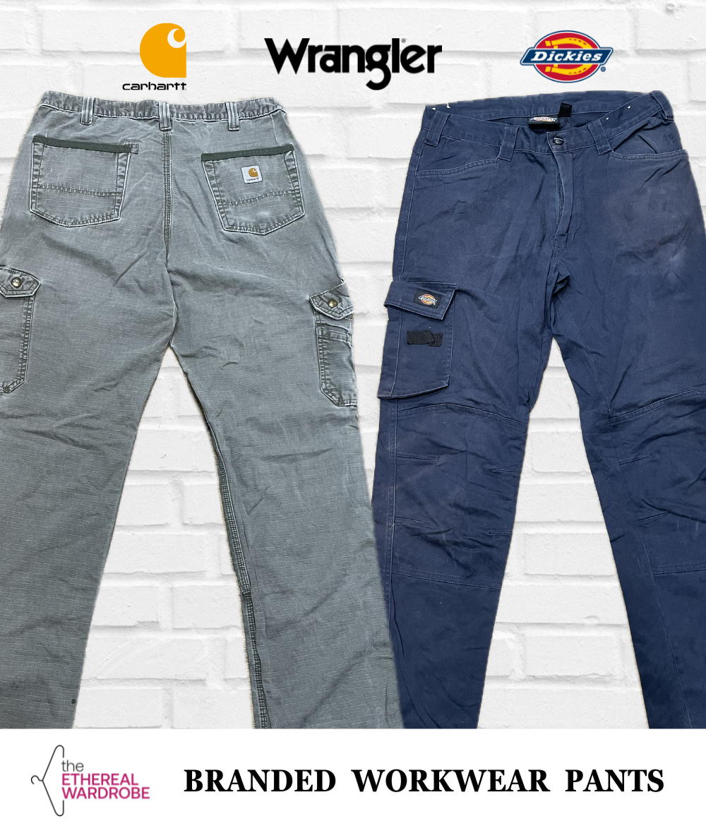 Pantalons de travail de marque comprenant Carhartt, Dickies et Wrangler.