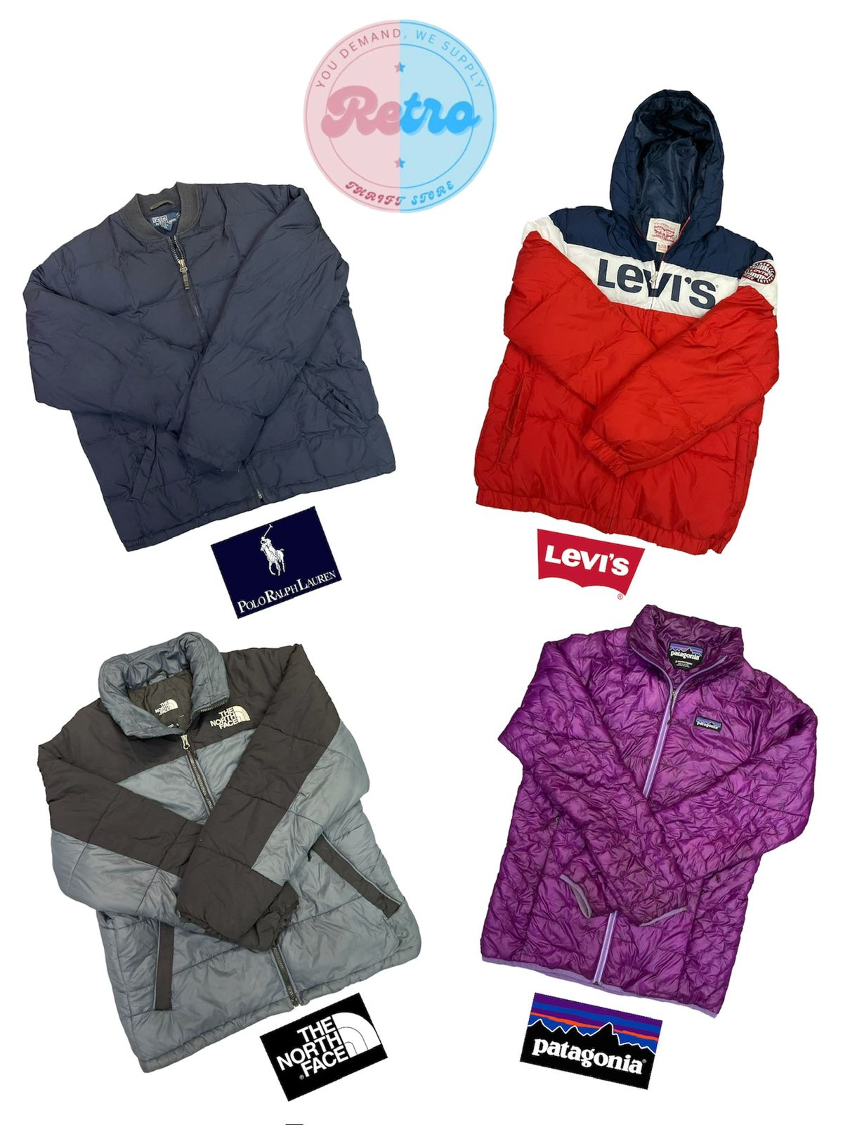 Manteaux en duvet avec plusieurs marques | Patagonia / ThNorthFace / Polo Ralph Lauren / Levi’s / Tommy Hilfiger / Columbia