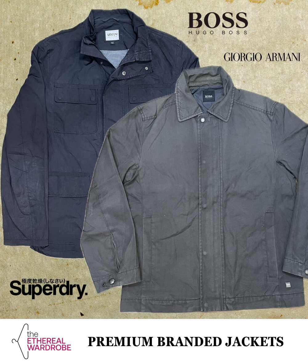 Jackets de marque premium incluant Hugo Boss, Armani, Super Dry et Marc O'Polo.