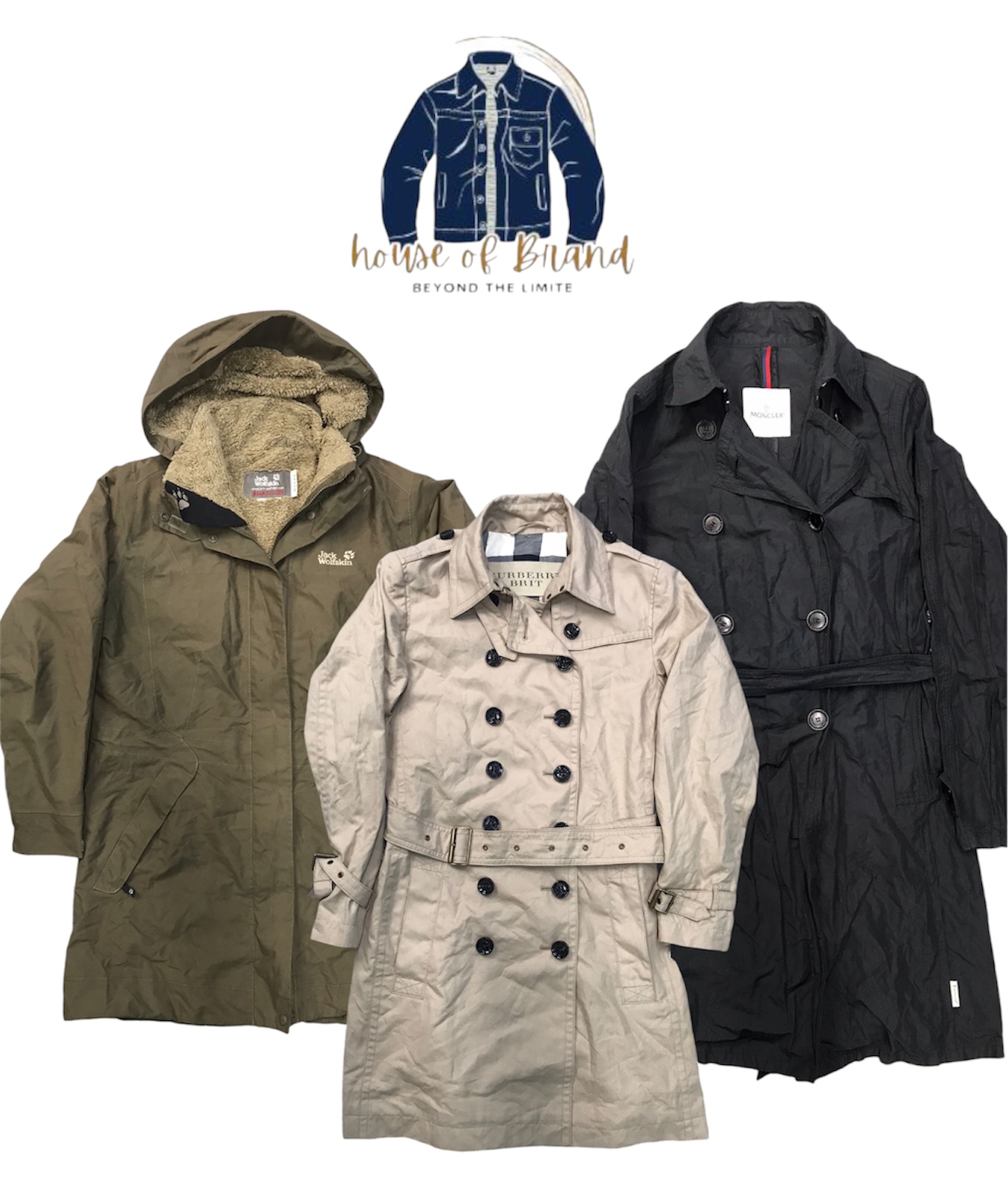 Moncler, Burberry, polo Ralph Lauren, polo jeans, Adidas, Jack Wolfskin trench-coats et vestes.