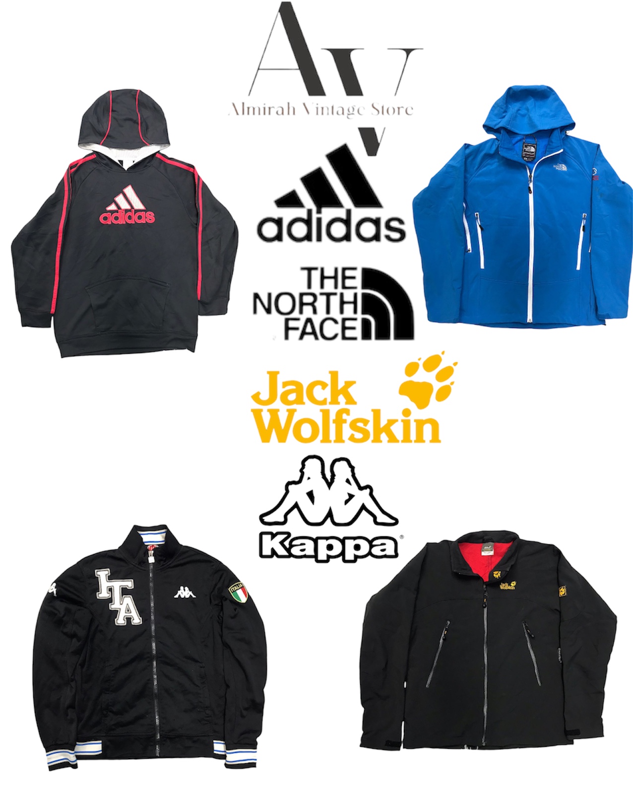 Kappa, TNF, adidaa, jacksolf vestes de survêtement, sweat à capuche et casquette de baseball.