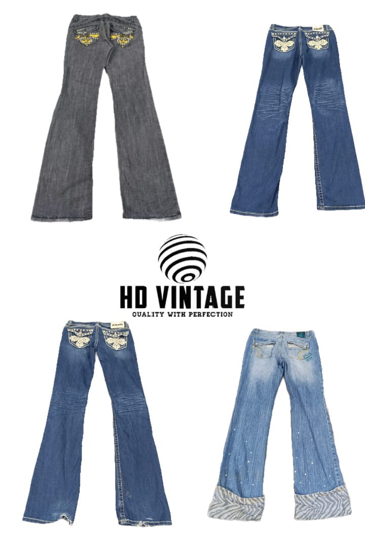 HD386 Ladies Y2K Embroided Flared Jeans - 12 pcs