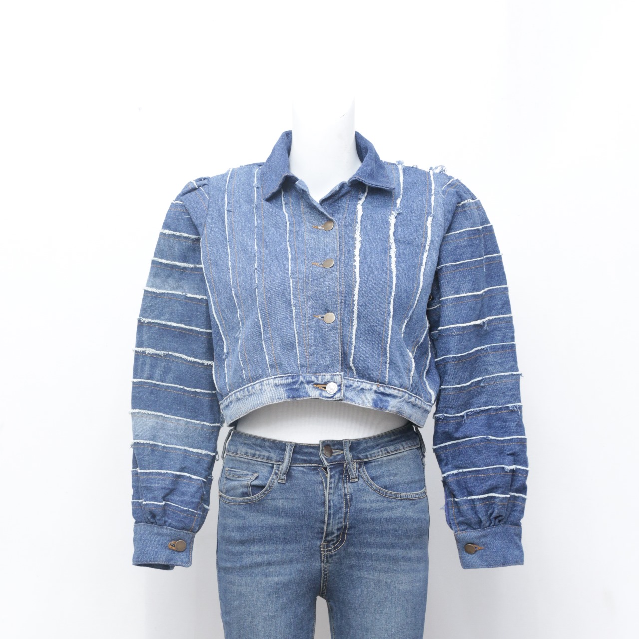 Rework Denim Stripped Crop Jackets