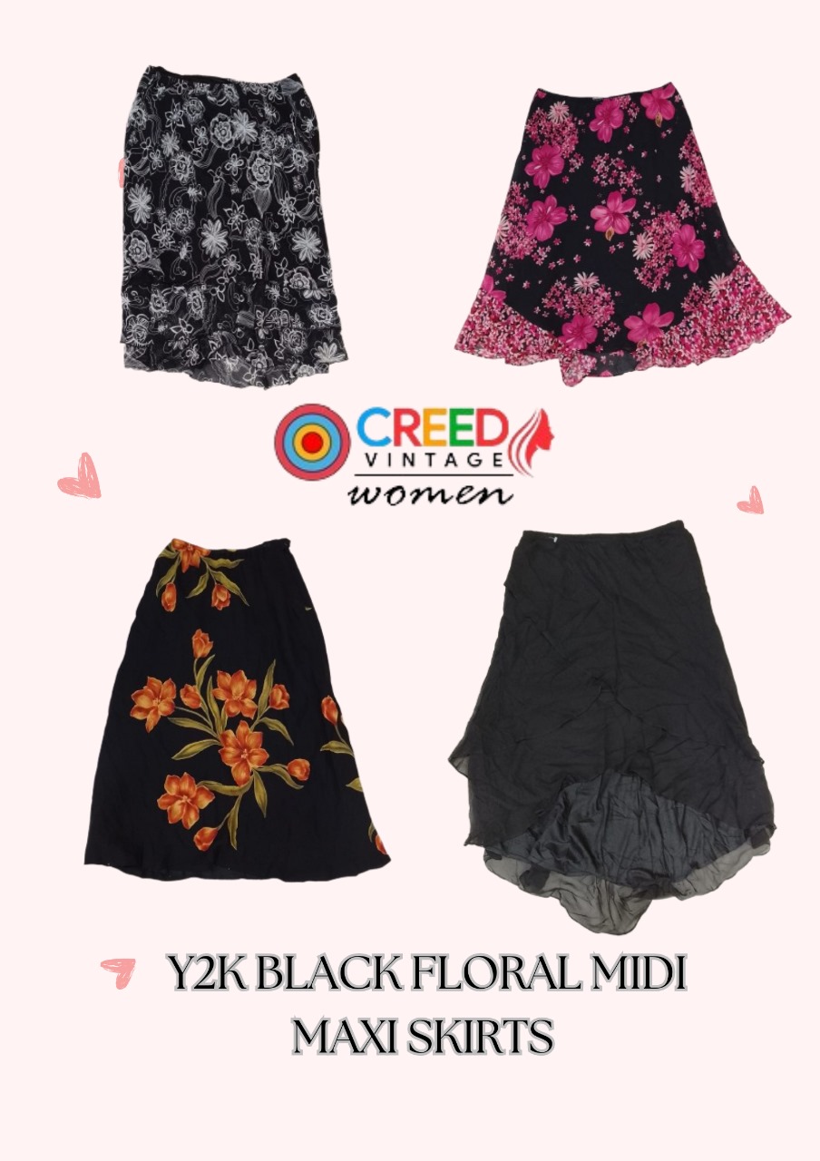 CR2967 Y2K Black Floral Middi/ Maxi Skirts -8 Pcs