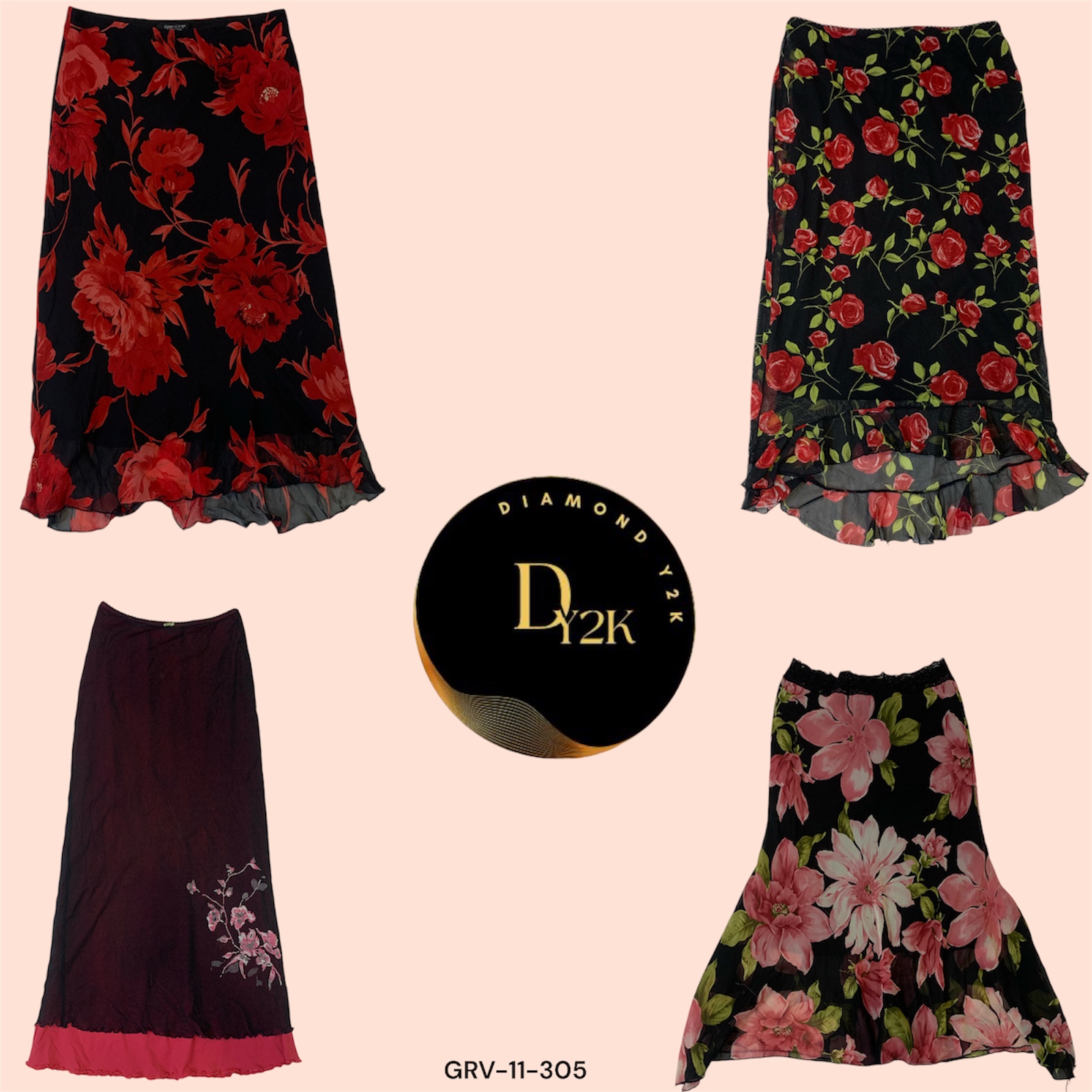 Y2K Red Floral Skirt – Retro Bloom Aesthetic (GRV-11-306)