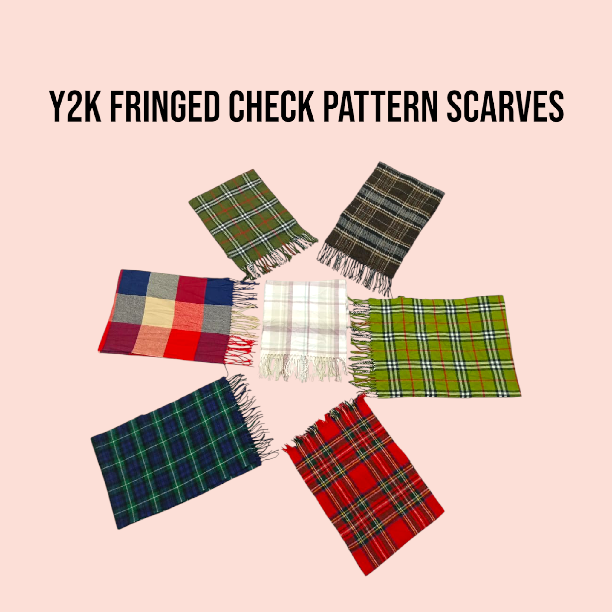 y2k fringed check pattern scarves