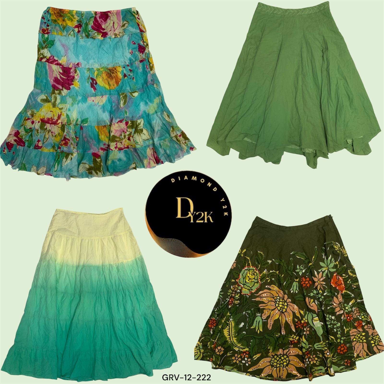 Y2K Floral Print Cotton Skirt in Green (GRV-12-222)