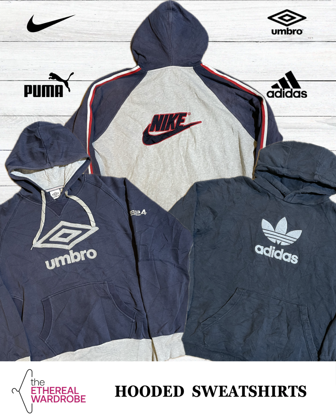 Felpe con cappuccio firmate 10 pezzi tra cui Nike, Adidas, Umbro, Russell Athletic e altri marchi.