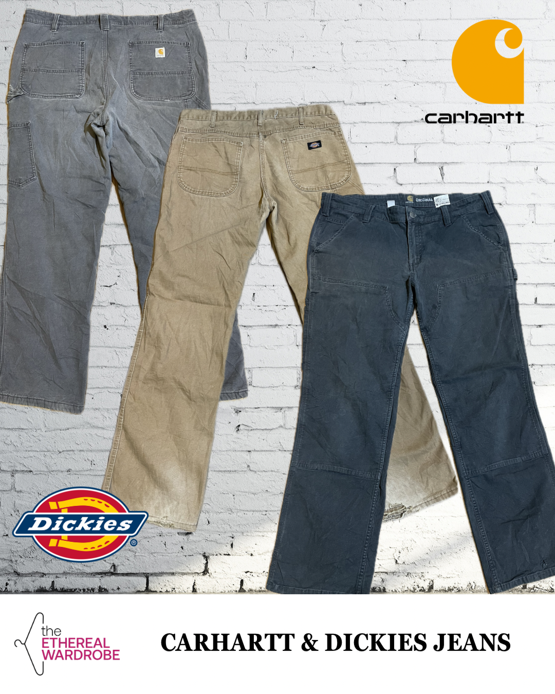 20 Stück Carhartt und Dickies Arbeitskleidung / Zimmermannshosen und Jeans, einschließlich doppelt genähter Knie.