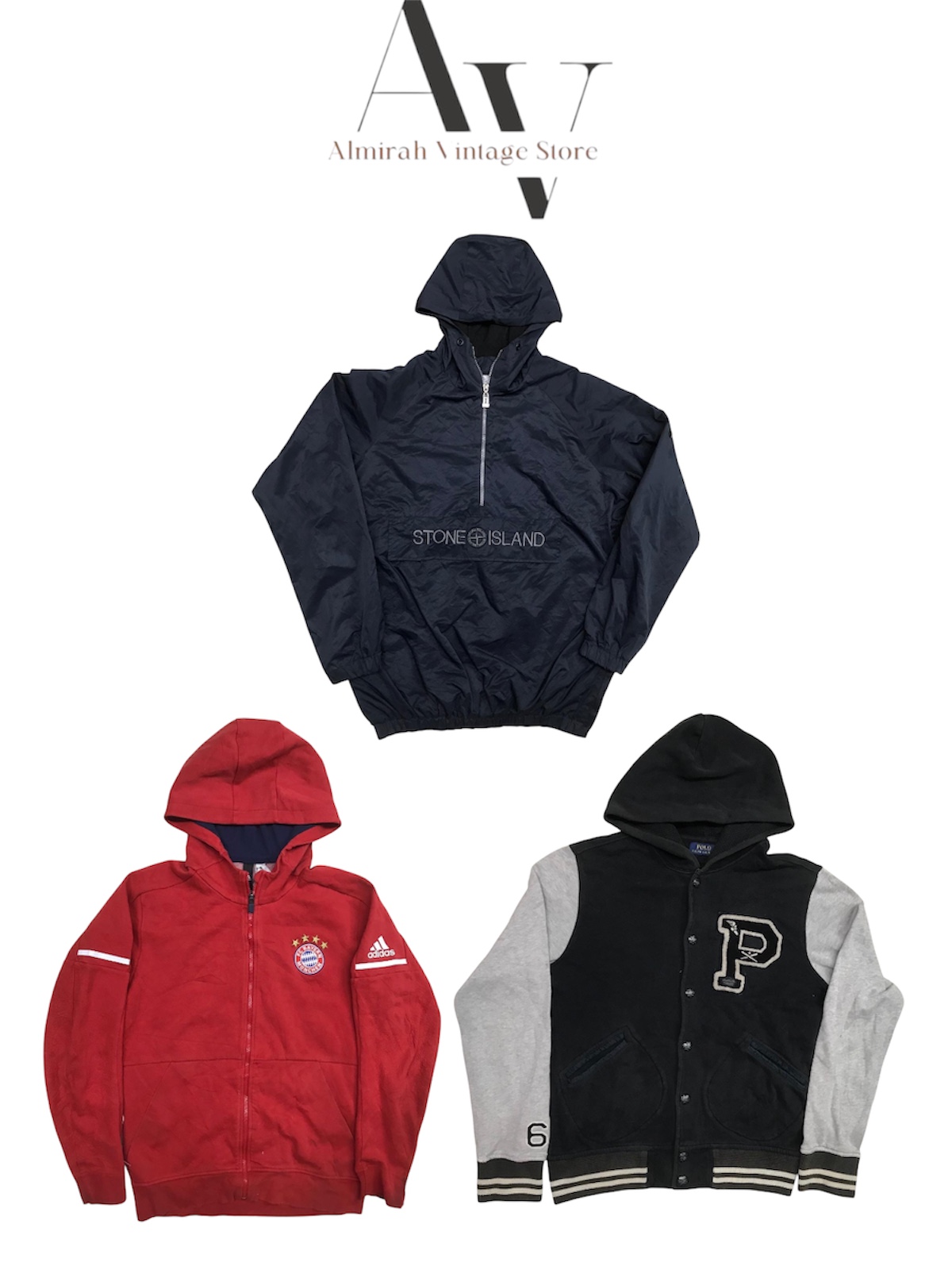 Polo Ralph Lauren, Burberry, Stone Island et Adidas (hoodies et vestes)