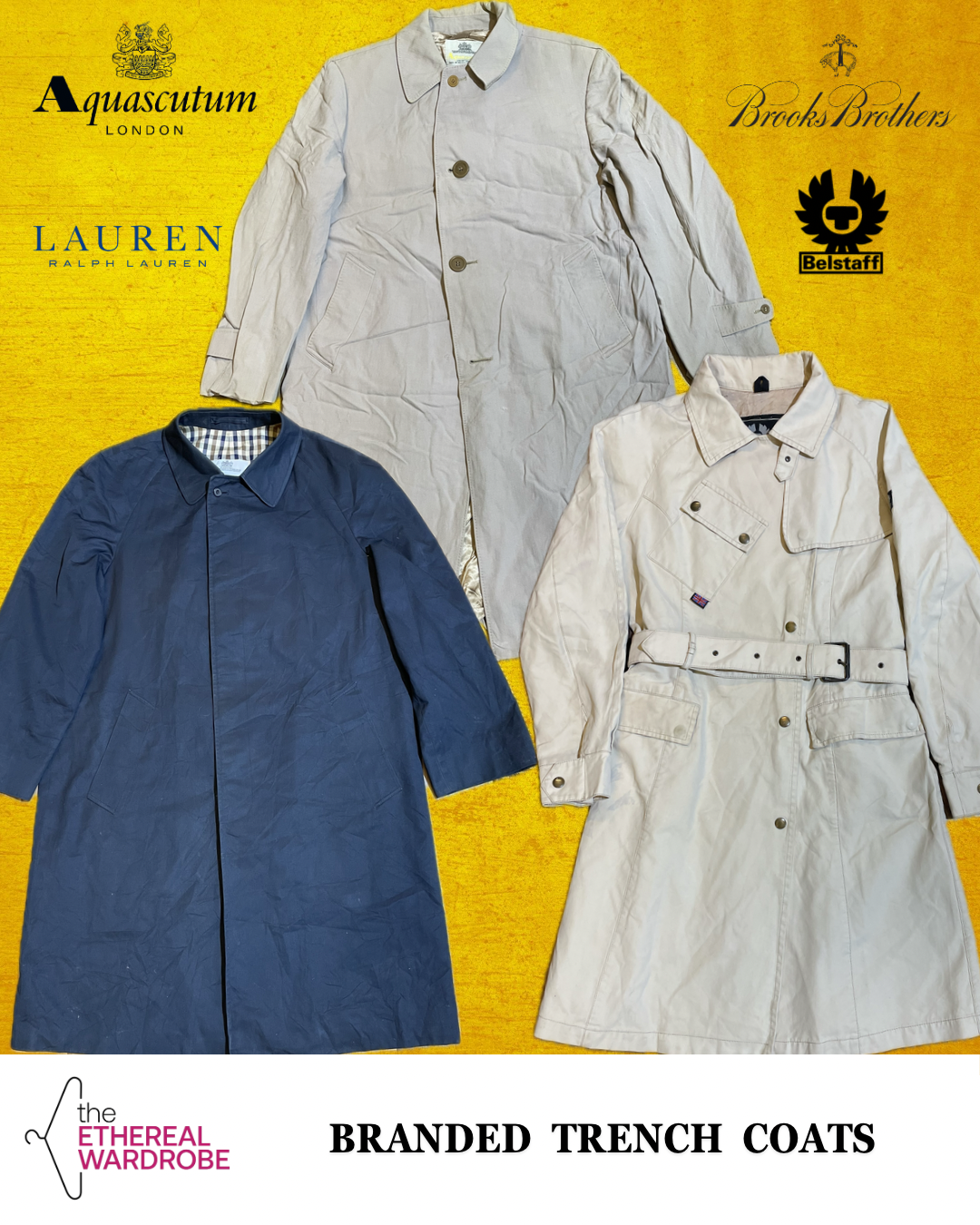 Branded Trench Coats including Aquascutum, Belstaff, Ralph Lauren and Other brands 11pcs