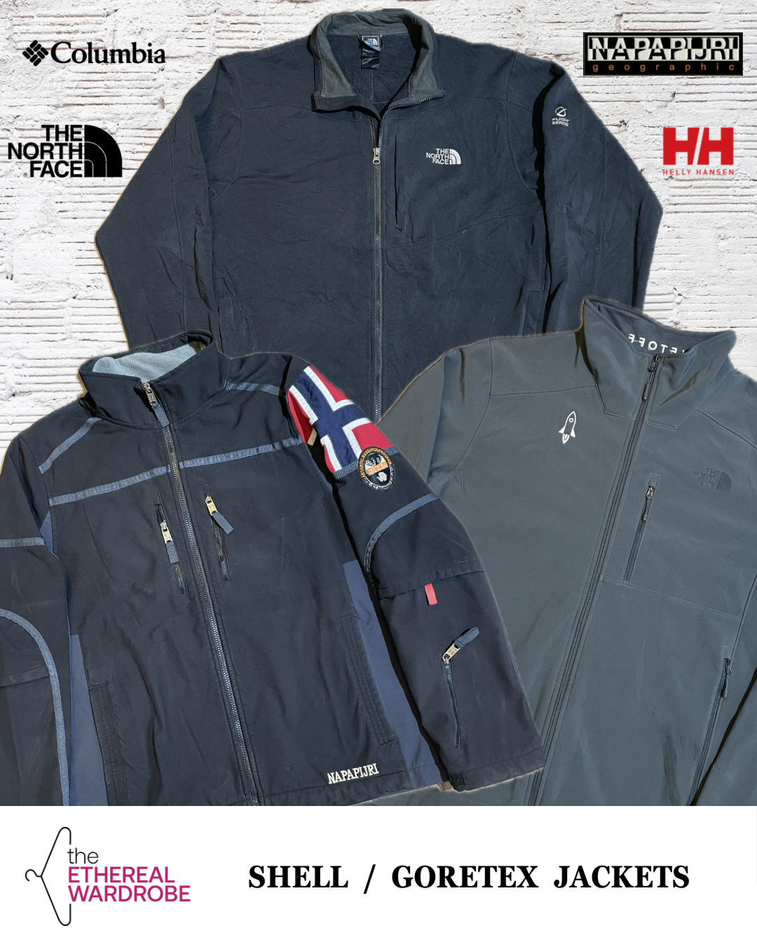 Shell & Goretex Jackets including North Face, Napapijri, Helly Hansen and other brands 25pcs