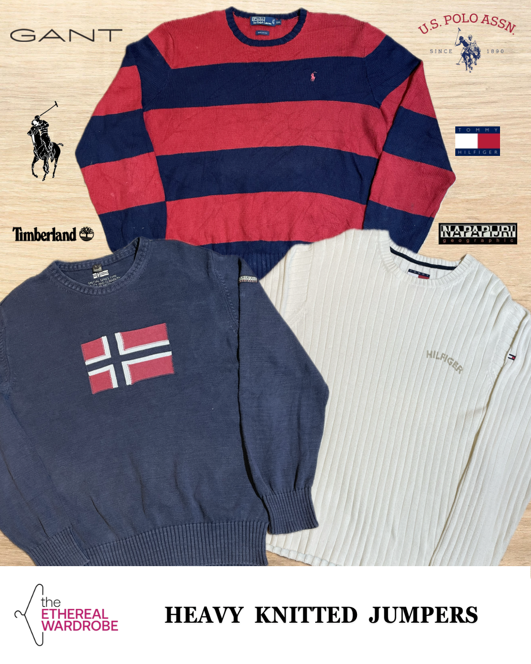 Premium-Markenpullover 20 Stück schwer gestrickt einschließlich Polo Ralph Lauren, Tommy, Napapijri, Carhartt und anderen