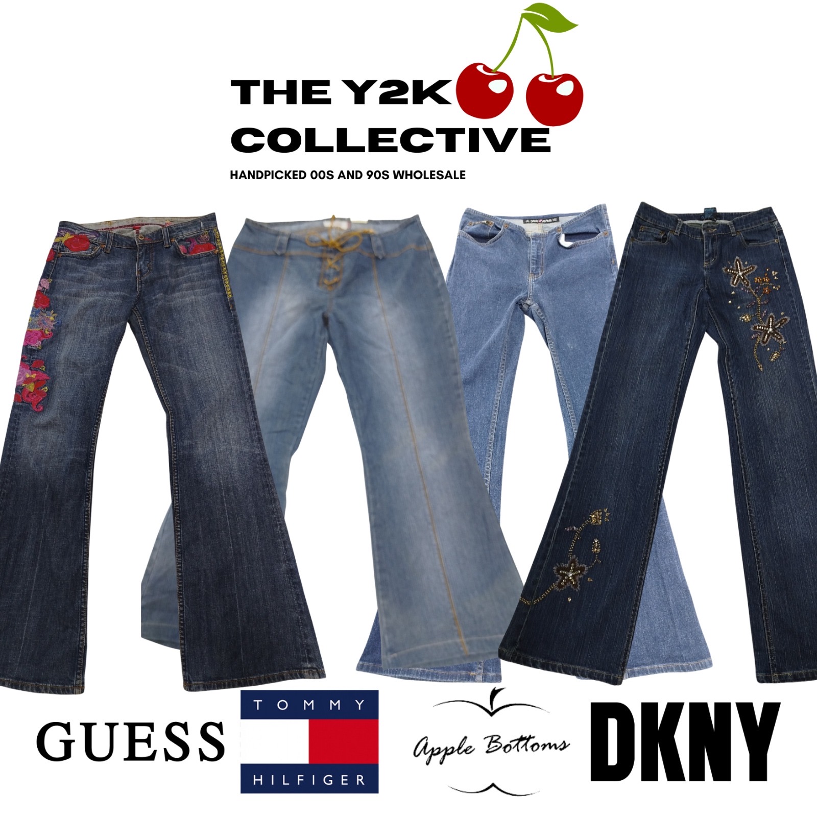 Jeans évasés d'été européen Y2K avec Guess, AppleBottom, Tommy Hilfiger et DKNY.