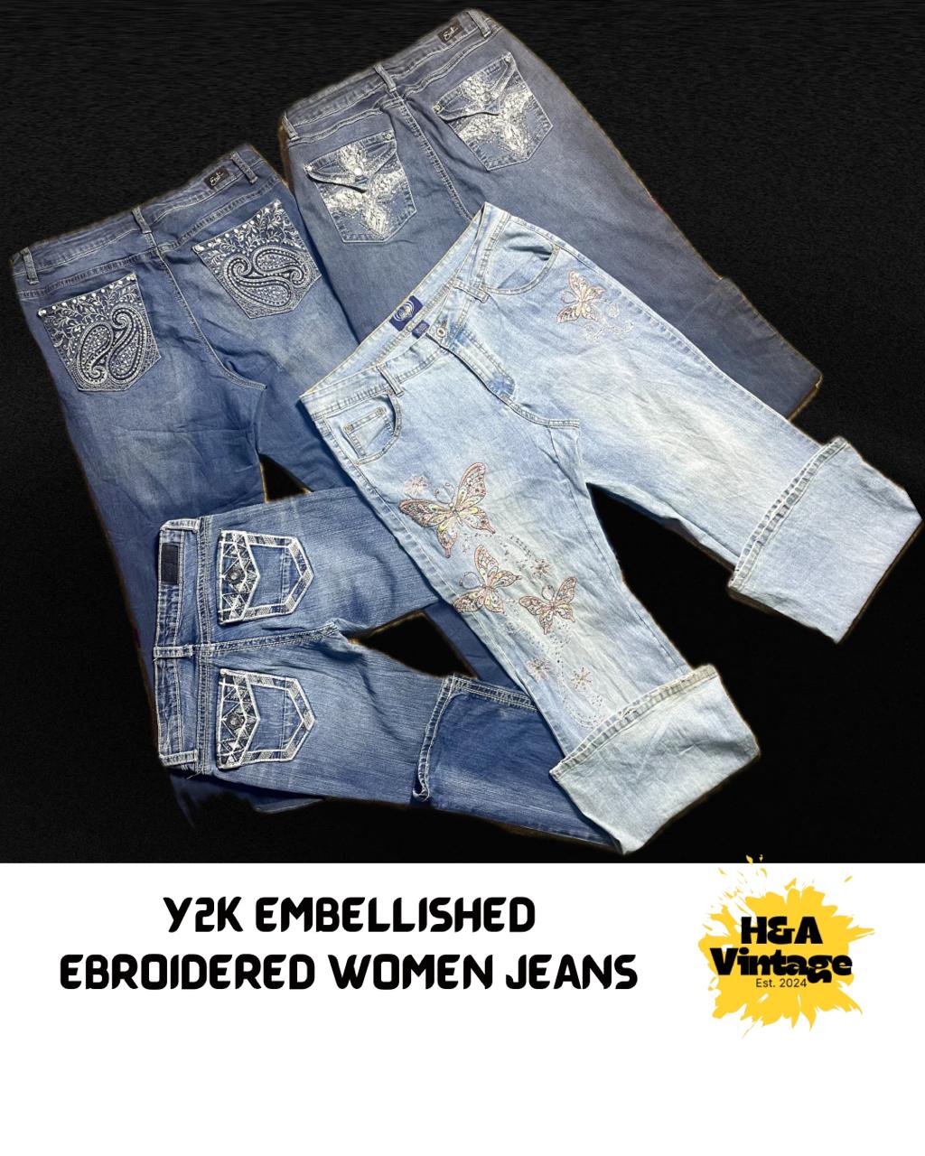 Y2K Embellished and Embroidered Women Jeans