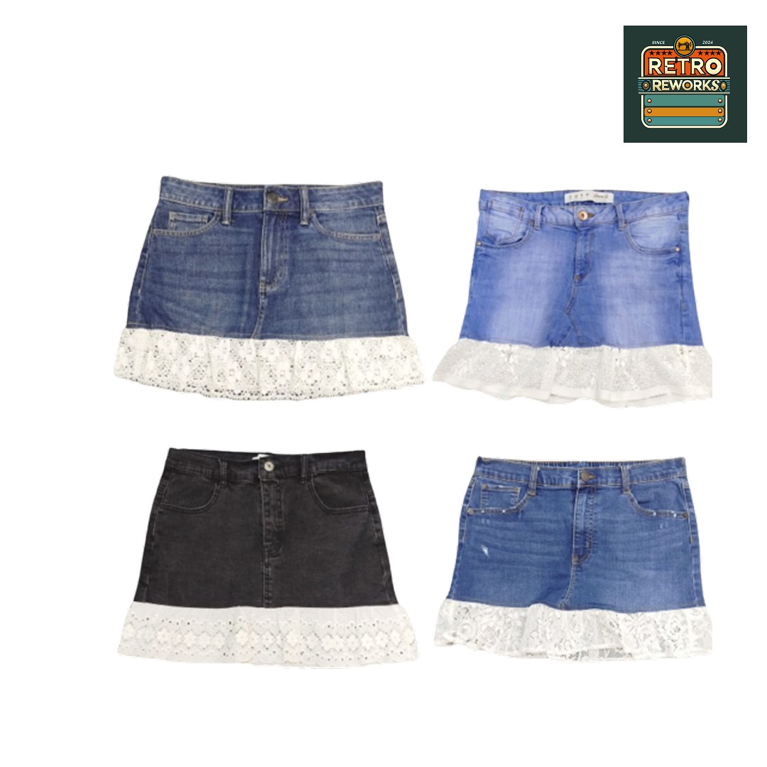 SS25 Upcycled Lace Trim Denim Skirt