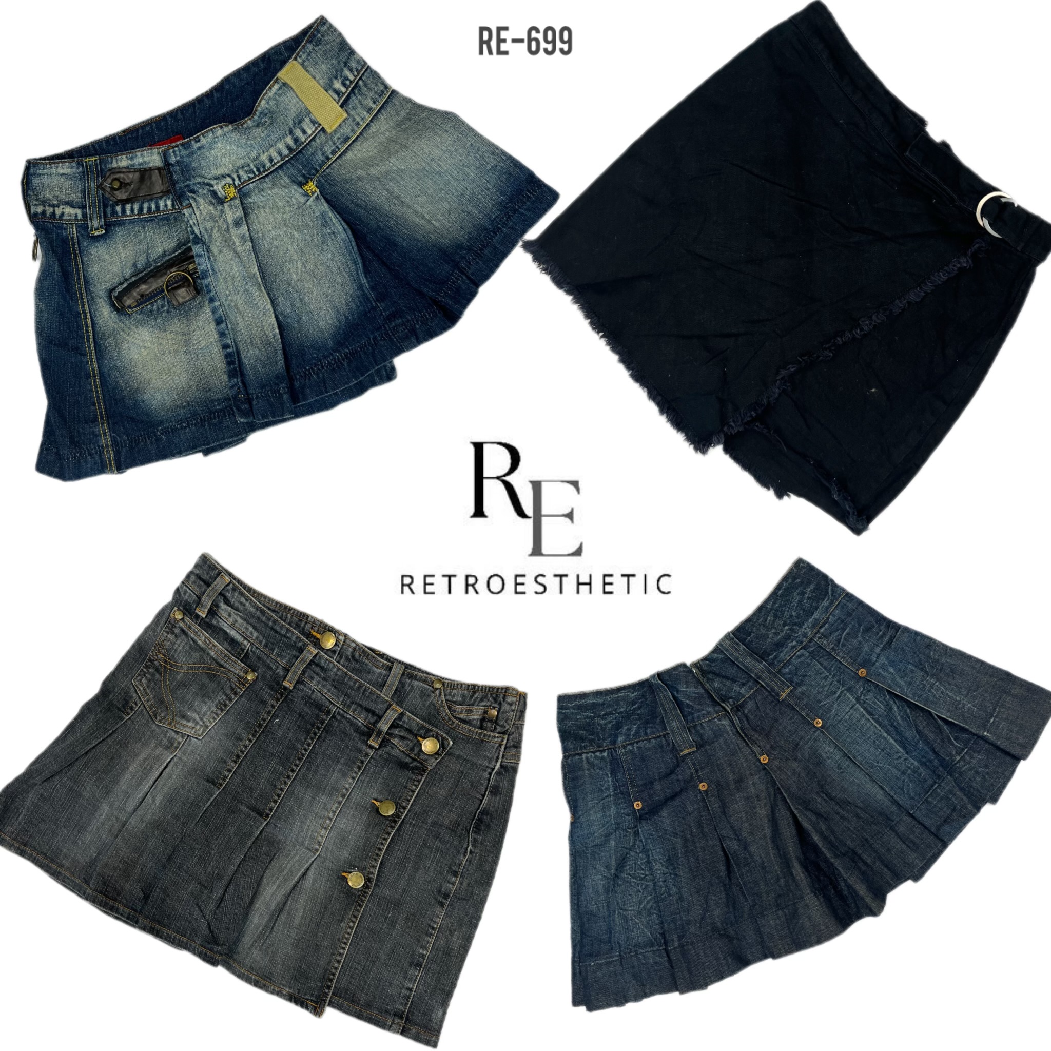 Y2K Unique Pleated Denim Mini Skirts (RE-699)