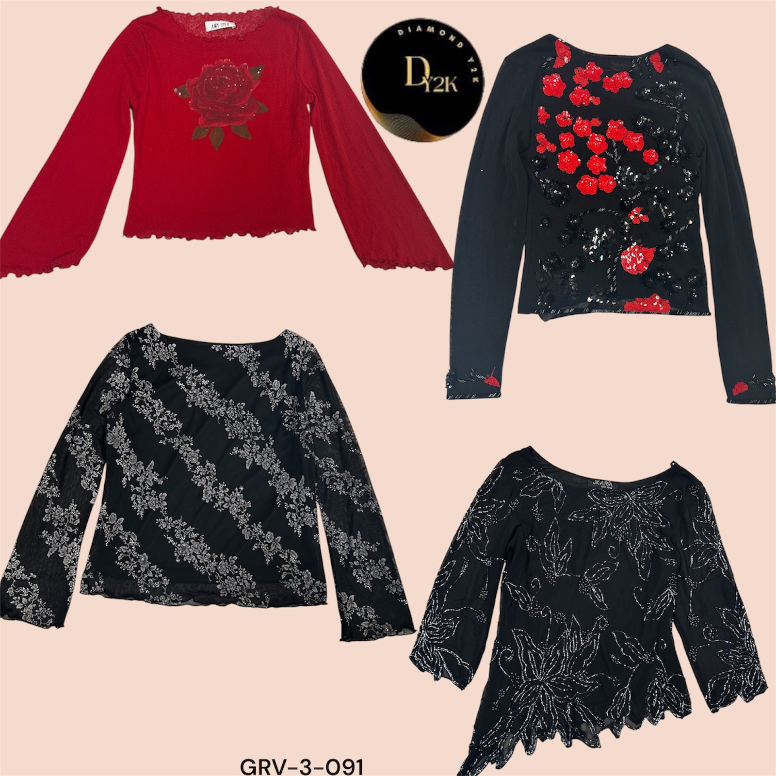 Blouse élégante en polyester rouge et noir – Haut de mode à manches longues (GRV-3-091)