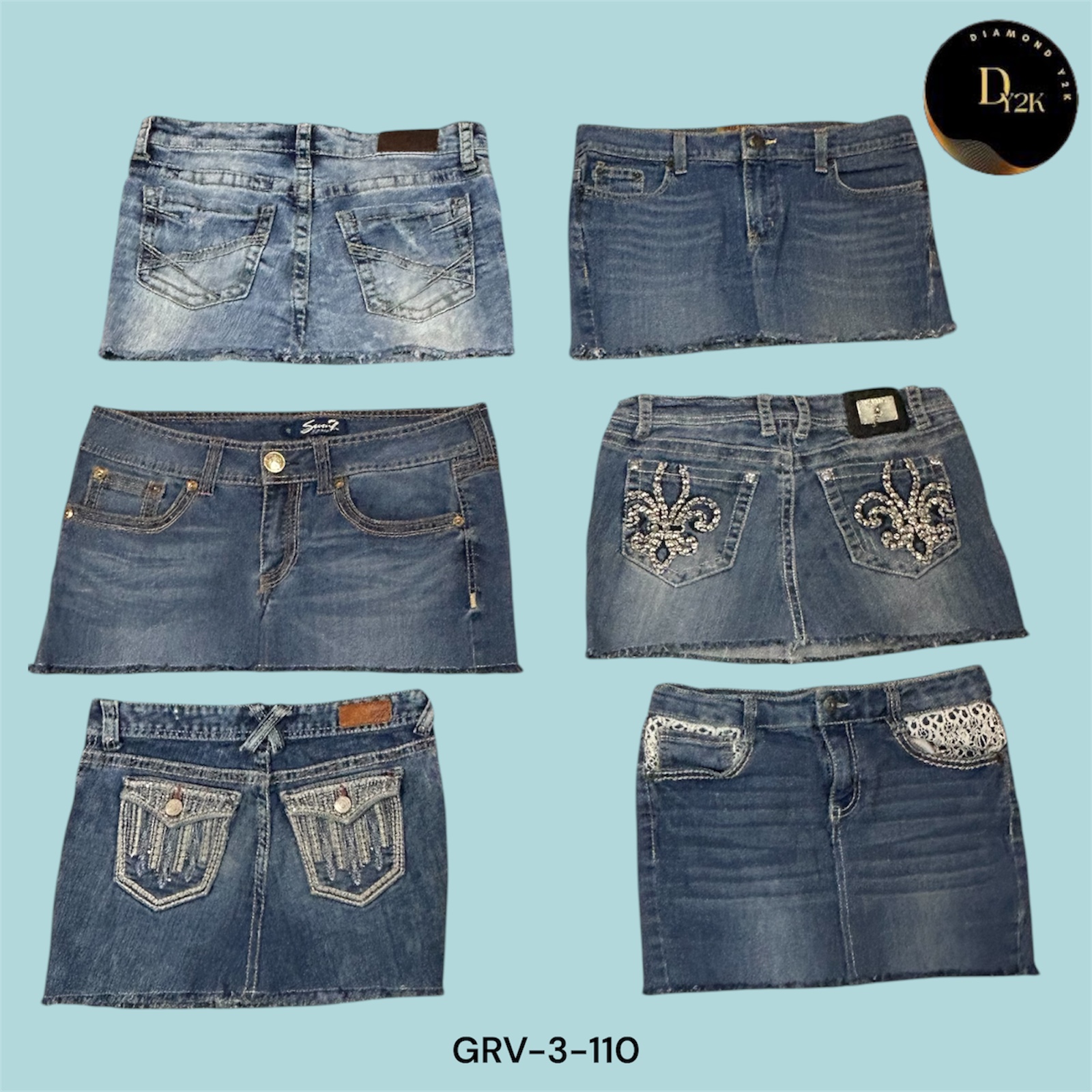 Saia Mini de Denim Estética Y2K – Cintura Baixa, Barra Desfiada (GRV-3-110)