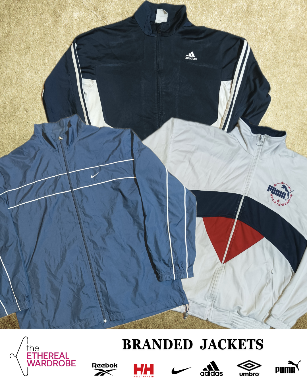 Branded Jackets 20pcs including Nike, Adidas, Reebok & Umbro