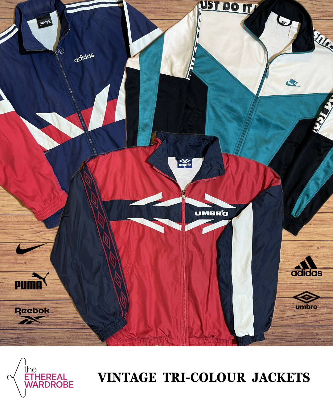 ヴィンテージトライカラージャケット 10個 Nike、Adidas、Reebok、Umbro、Puma (RN: 1081)