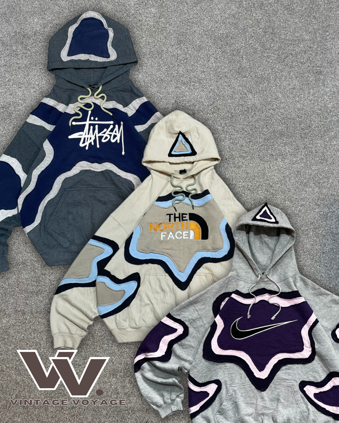 Estilo vintage reworked, hoodies de patchwork com marca, MOQ 30 peças #28425