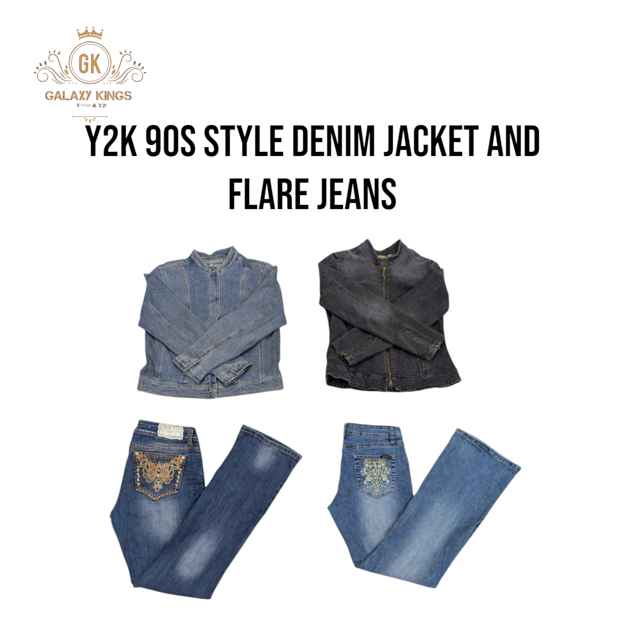 Y2k 90s Style Denim Jackets and Embelished Flare Jeans