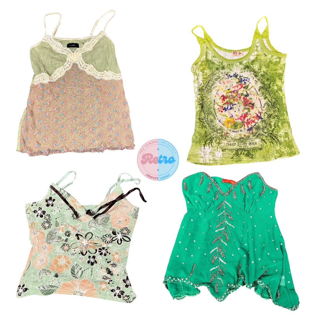 Y2K Verde Floresta Top Cami: 10 Peças