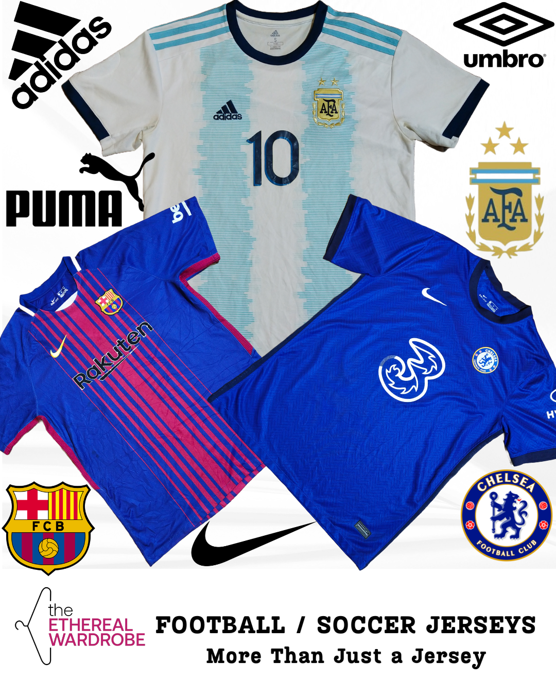 Maillots de football / soccer incluant Nike, Adidas, Umbro et Puma, lot de 10 pièces (RN#1054)