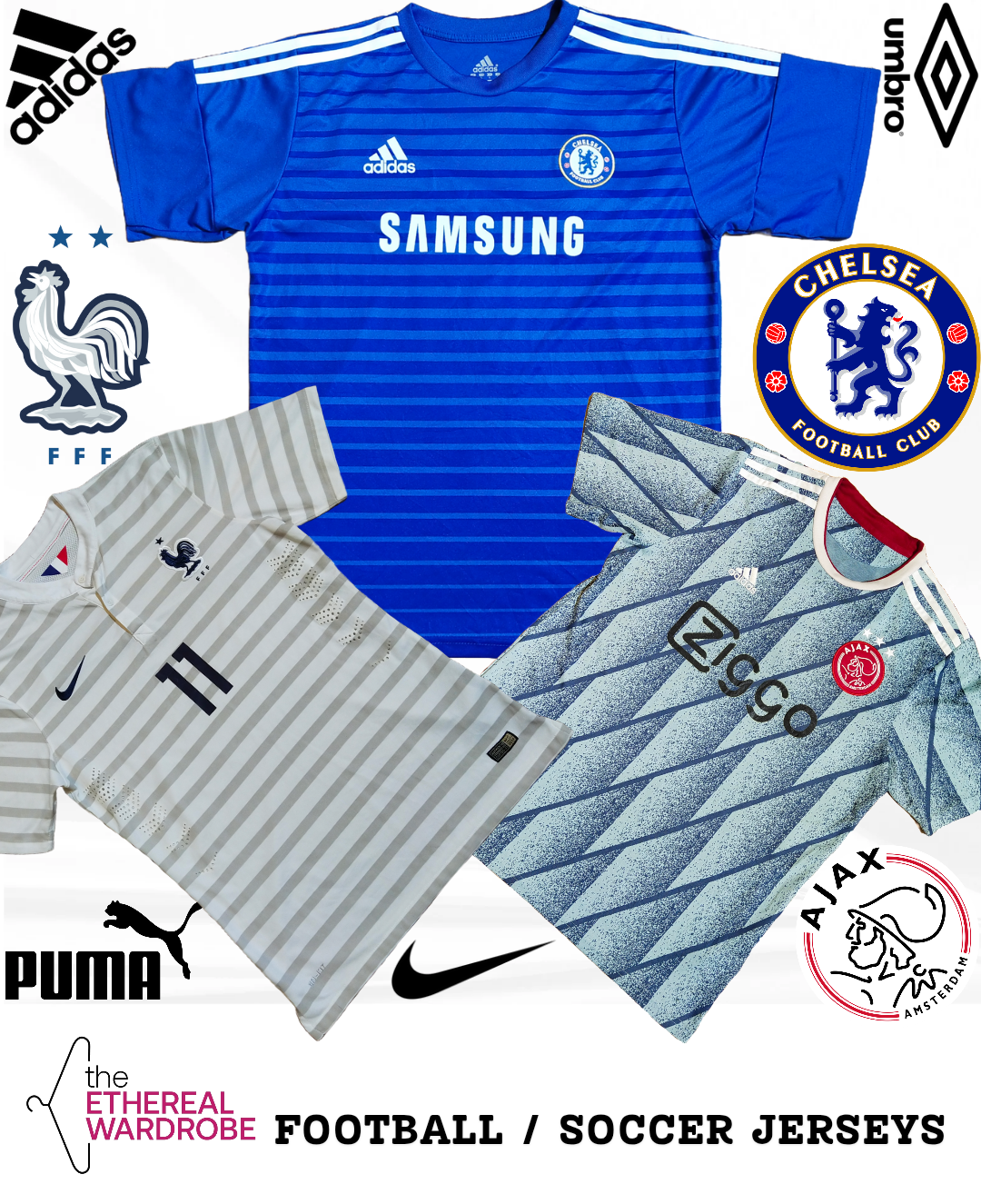 Football / Soccer Jerseys Including Nike, Adidas, Puma and Umbro Bundle of 10 pcs (RN#1208)