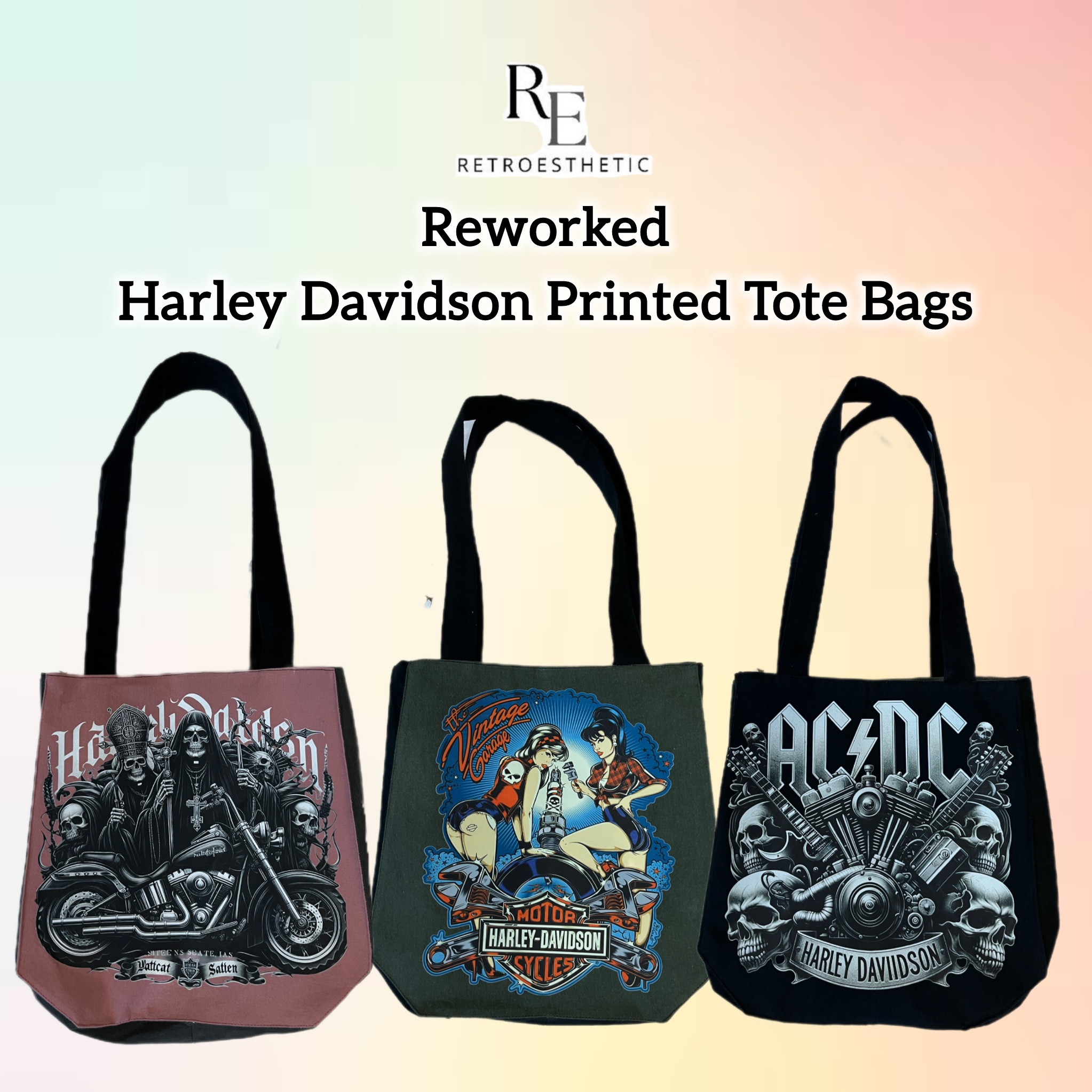 Reworked Harley Davidson Printed Tote Bag