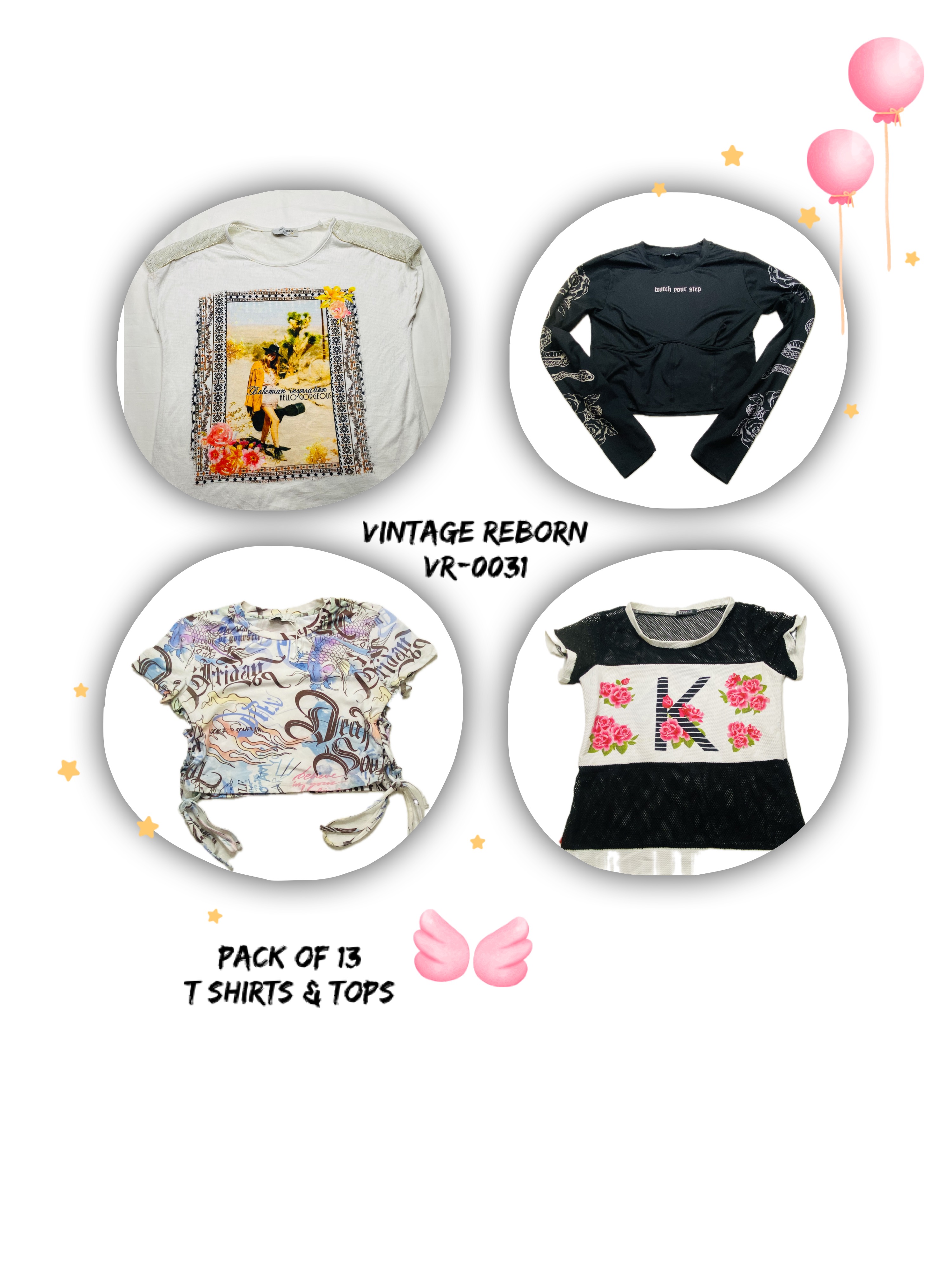 キュレーションされたY2K & ボヘミアンリバイバル: ヴィンテージリボーン VR-0031 - 13点セット Tシャツ & トップ バンドル！
