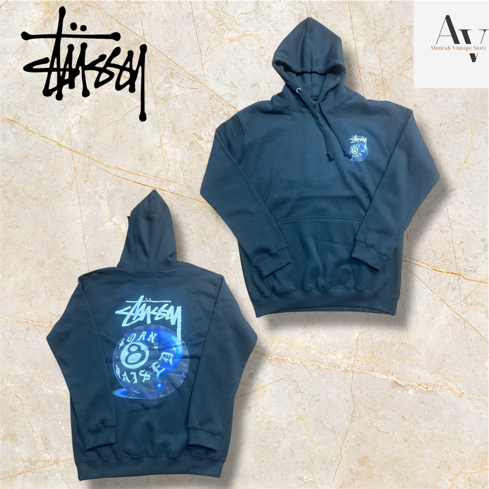 Stussy rework style 8 ball born rised hoodies