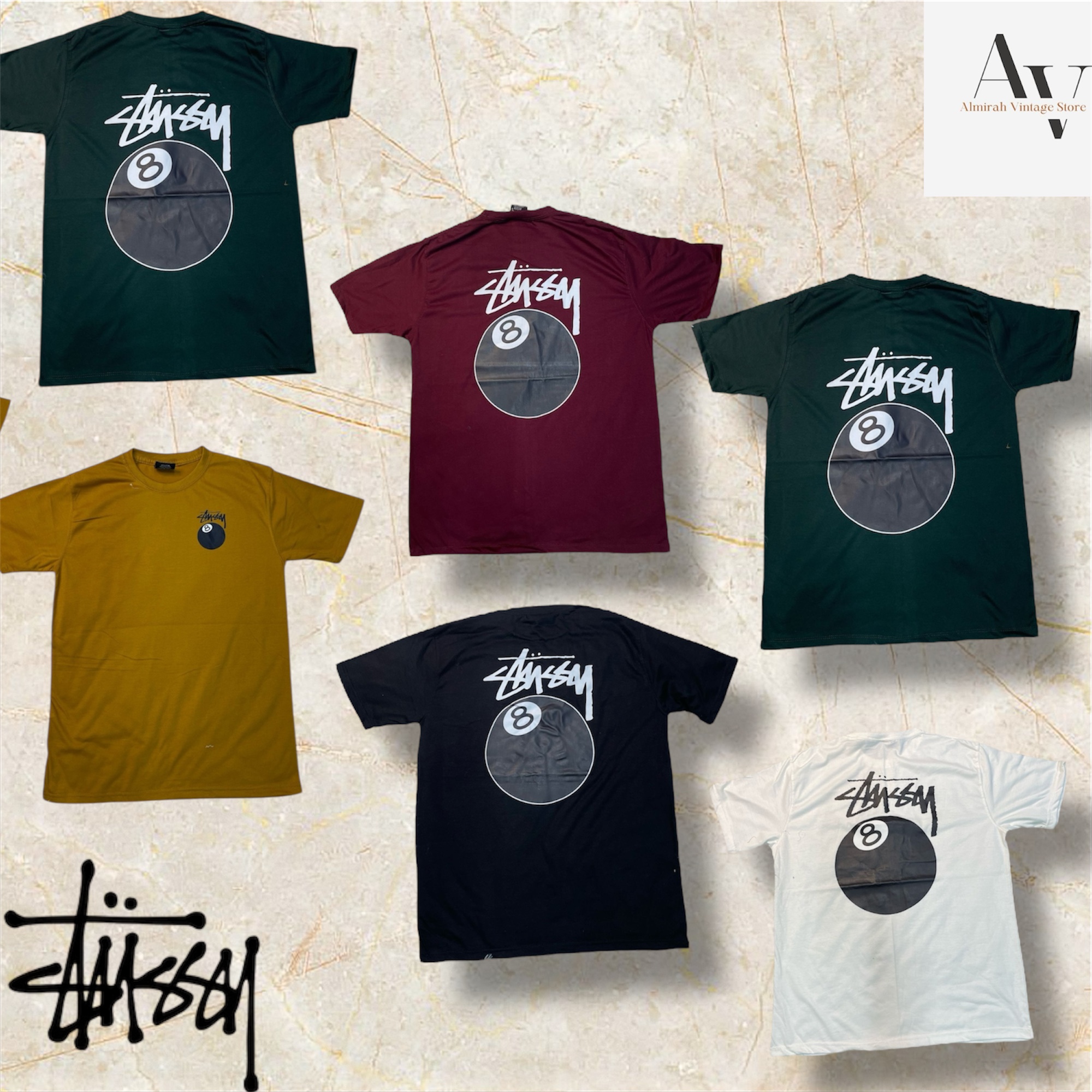 Stussy rework style 8 ball pigment t shirts