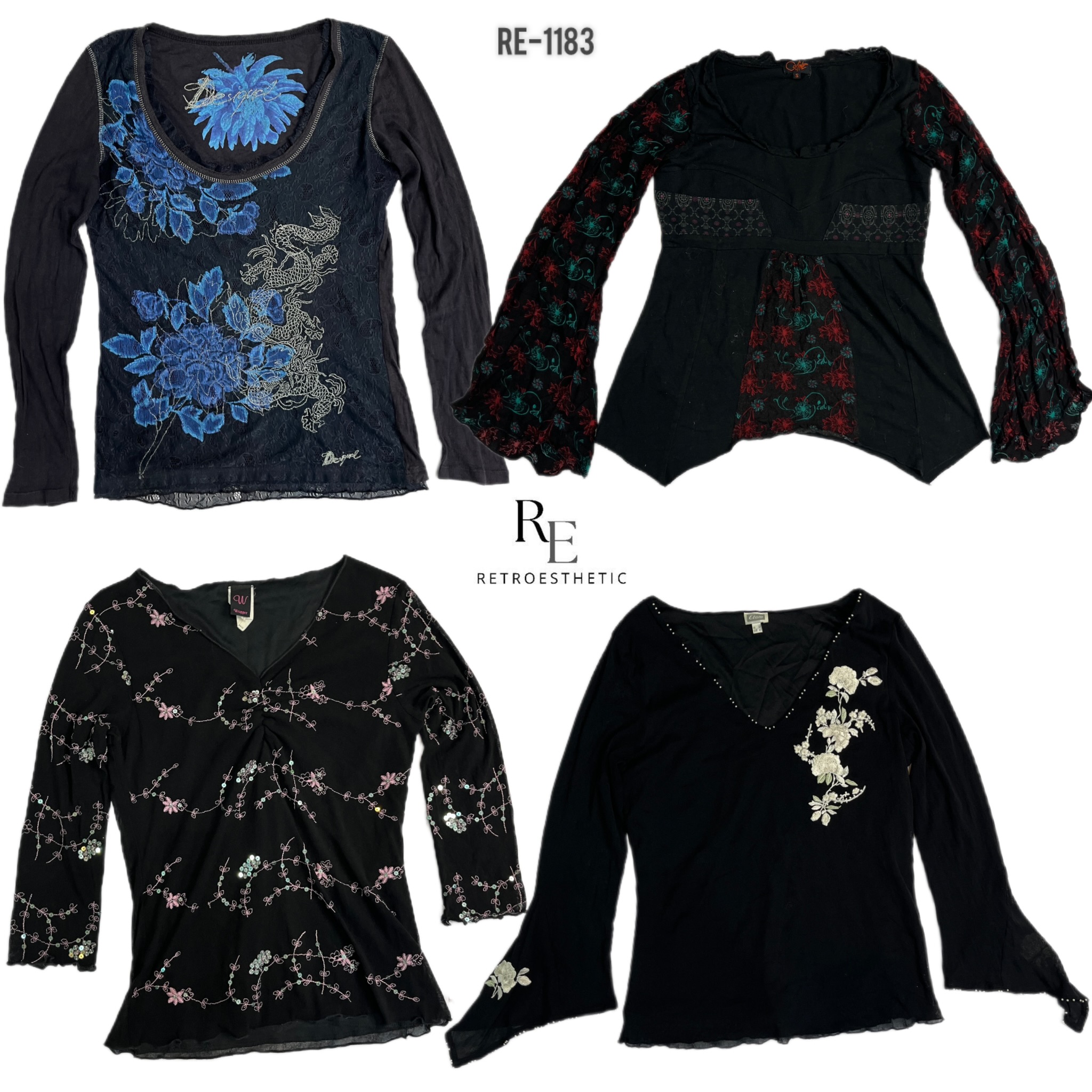 Y2K Tout Noir Rave Manches Complètes Mélange Tops en Mesh (RE- 1183)