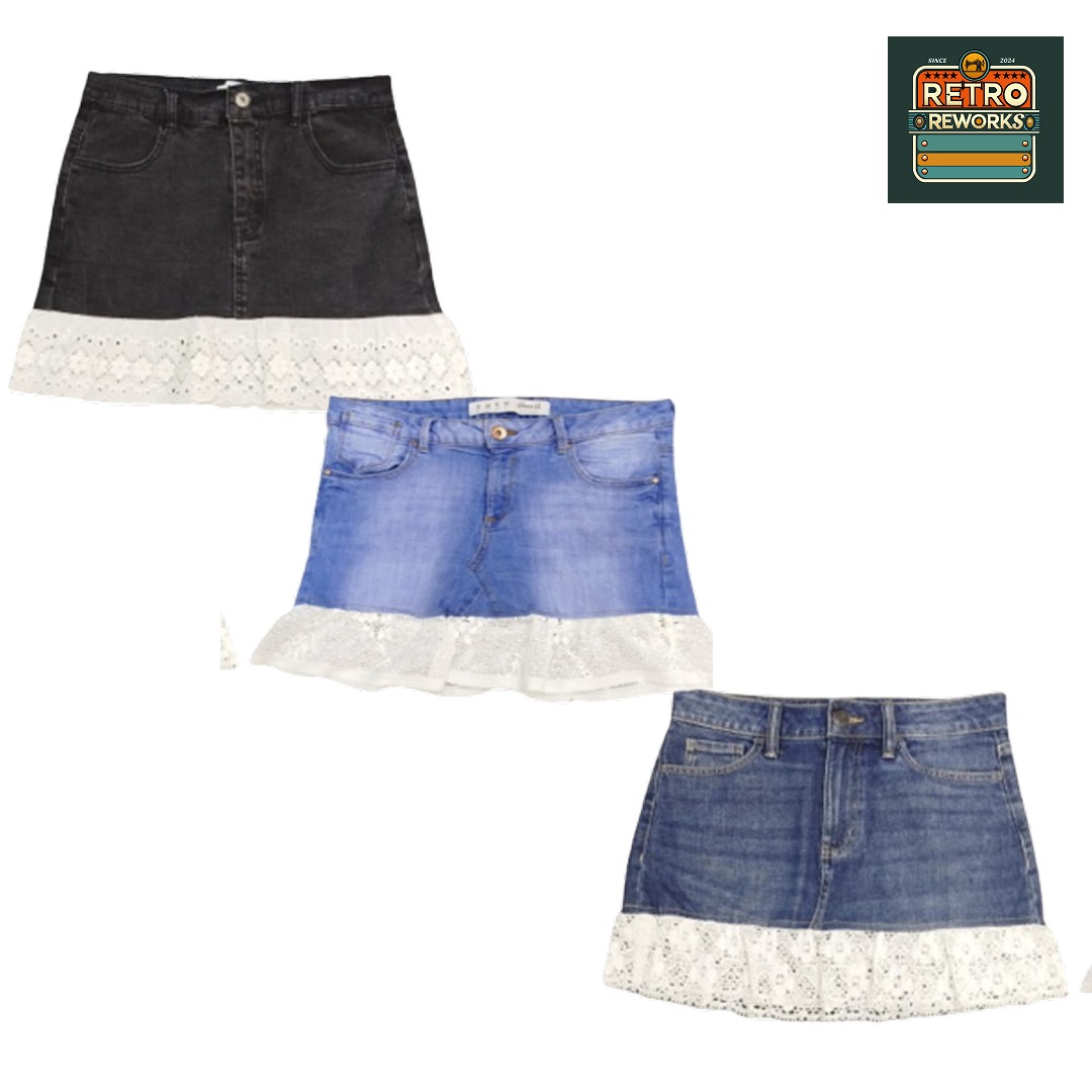 SS25 Upcycled Lace Trim Denim Skirt