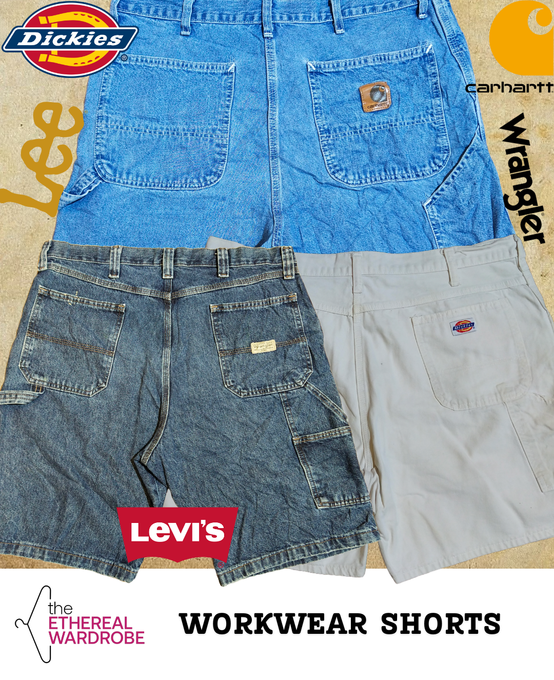Shorts de travail/manteaux de marque, y compris Carhartt, Dickies, Wrangler, Lee et Levis, lot de 20 pièces (RN#1205)