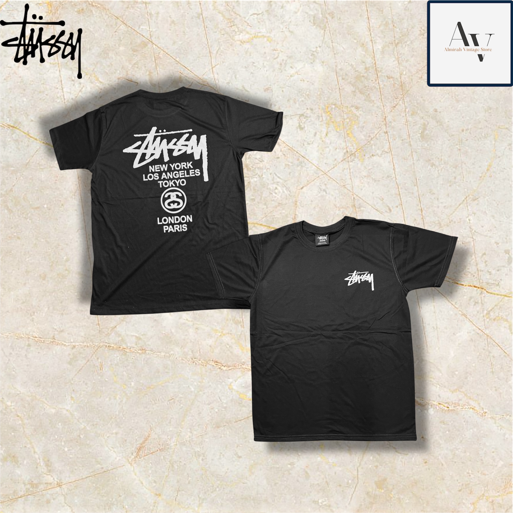Stussy リワークスタイルのブラックワールドツアーTシャツ