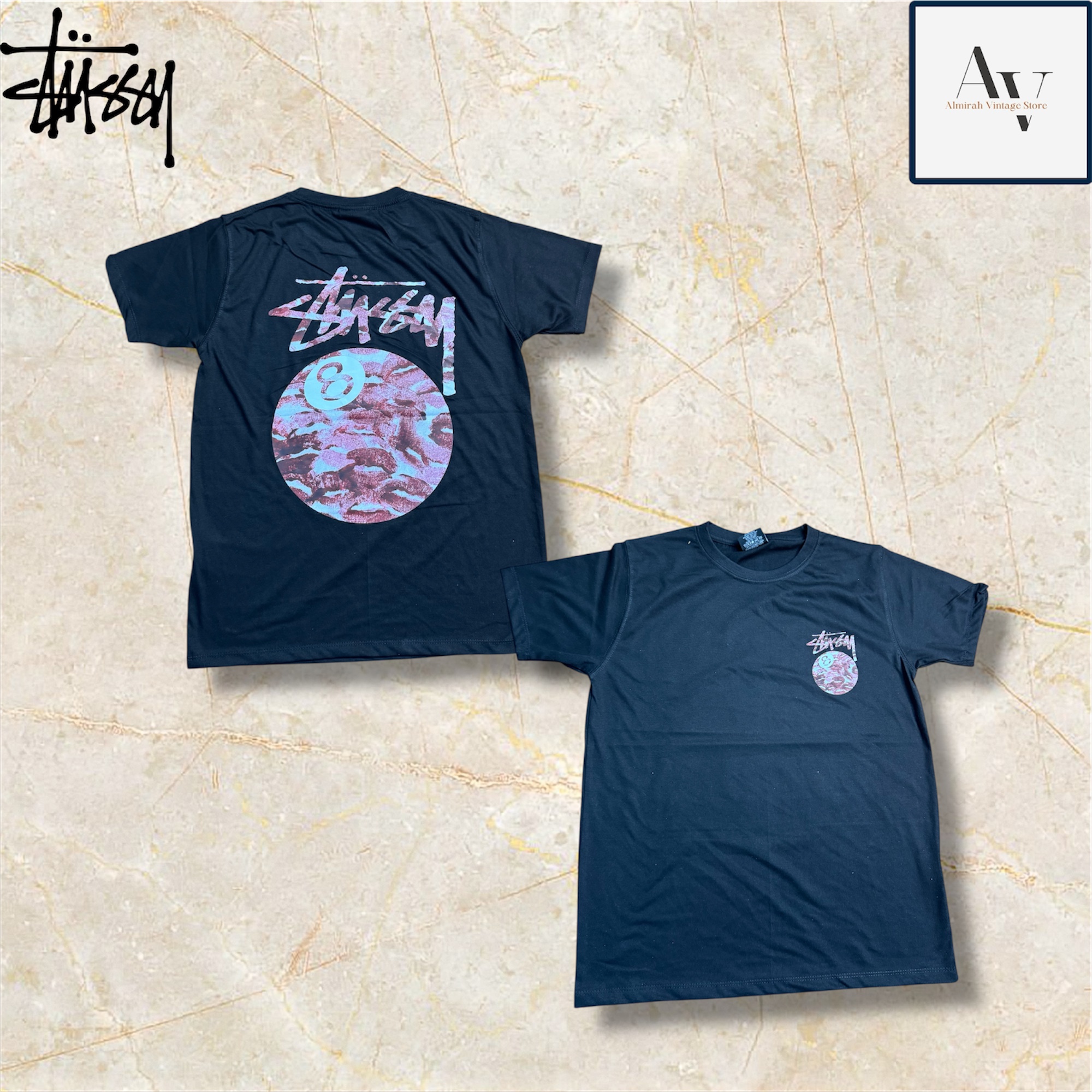 Stussy rework style 8 ball kisses black t shirts