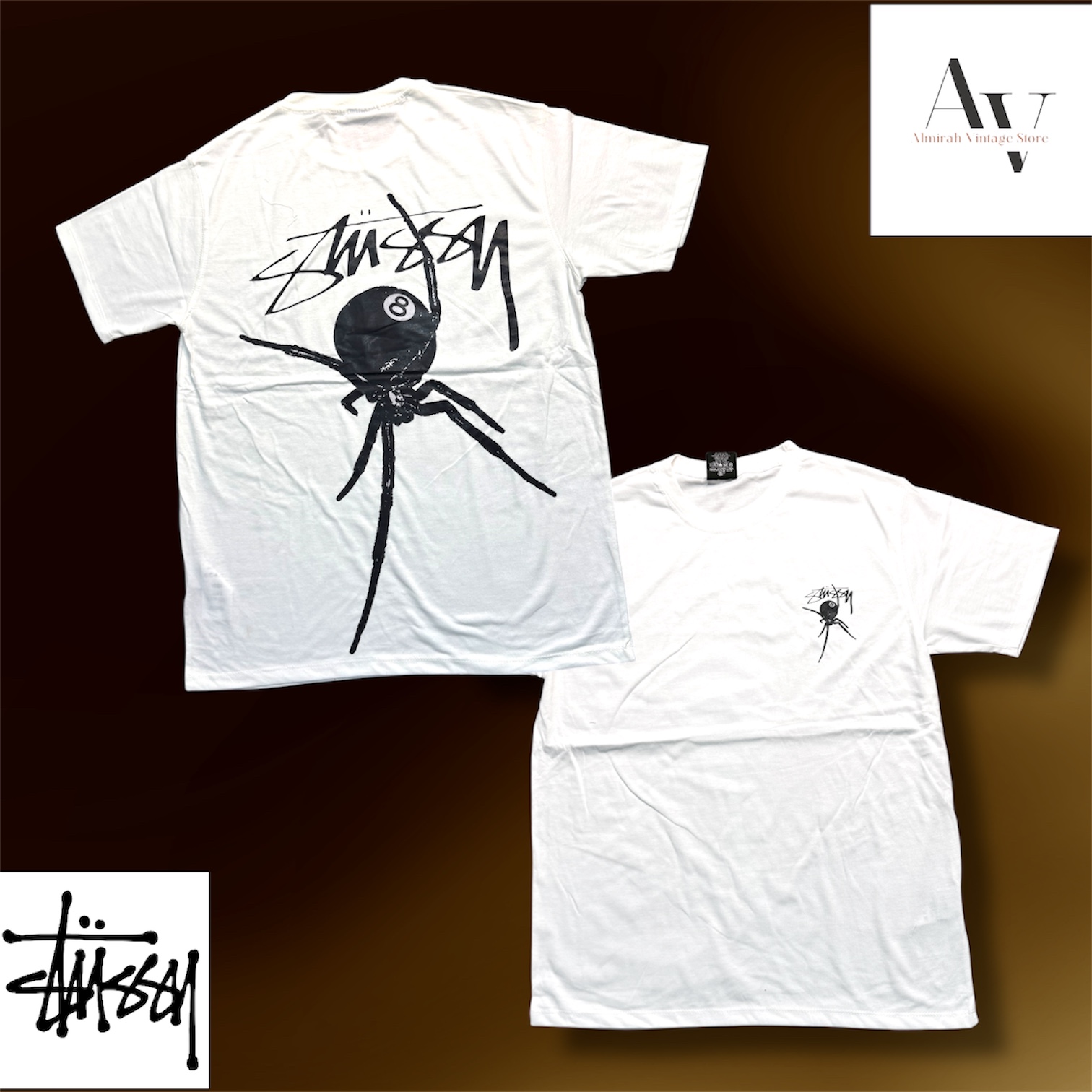 Stussy umgestalteter Stil weißes 8ball Spider T-Shirt