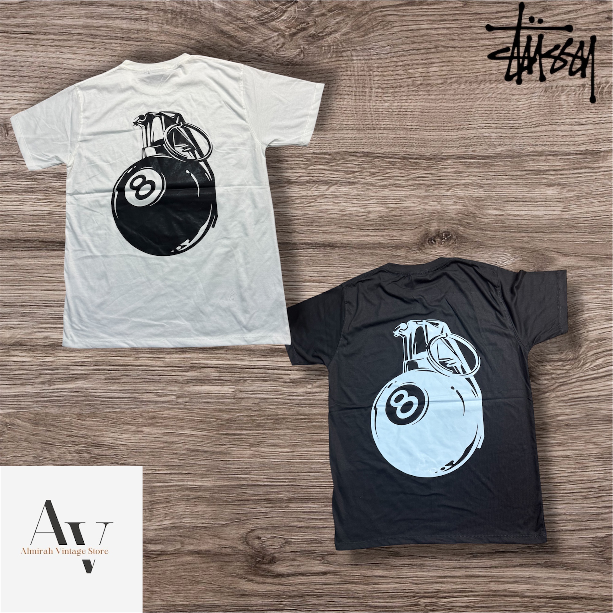 Stussy rework style 8ball BOMB white and black tee
