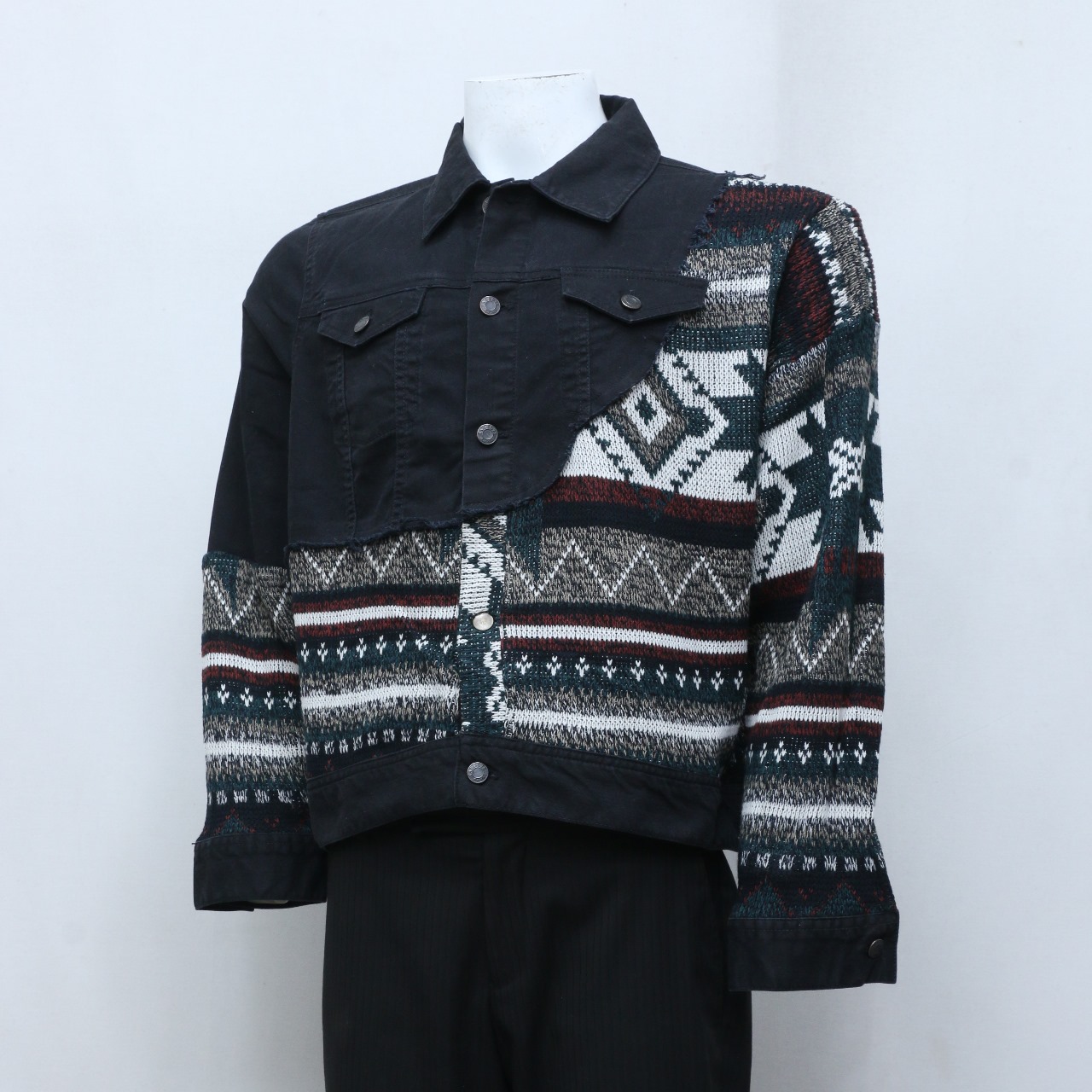 CR-77 Giacca in Denim con Patches di Maglione Riciclato