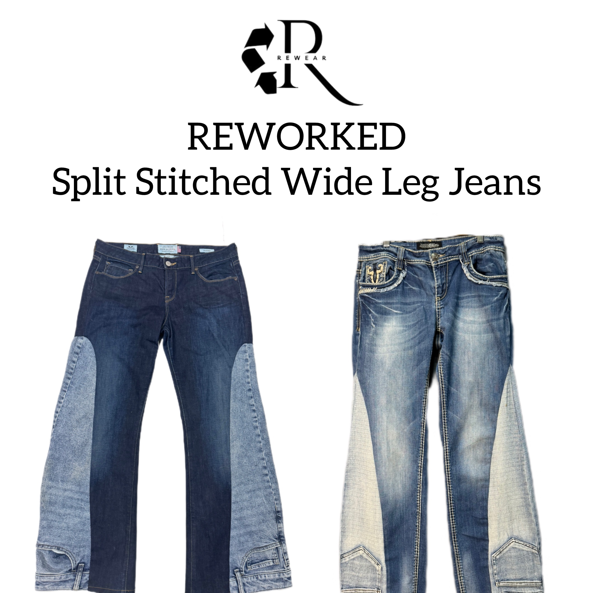 Jeans de perna larga com costura dividida retrabalhada